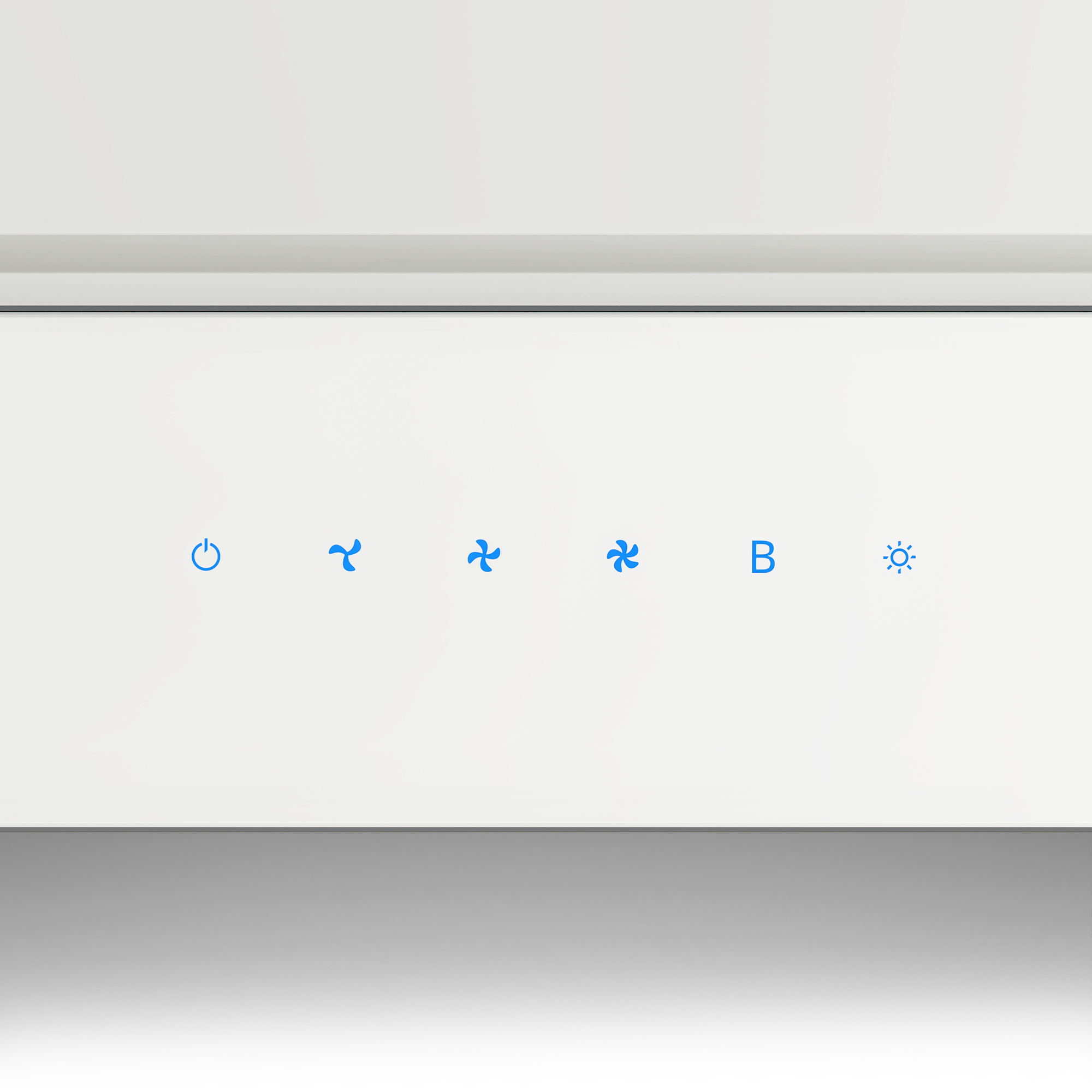 Pannello di controllo bianco con icone blu: accensione/spegnimento, ventola, velocità ventola, B e luce. Sotto, superficie grigia.