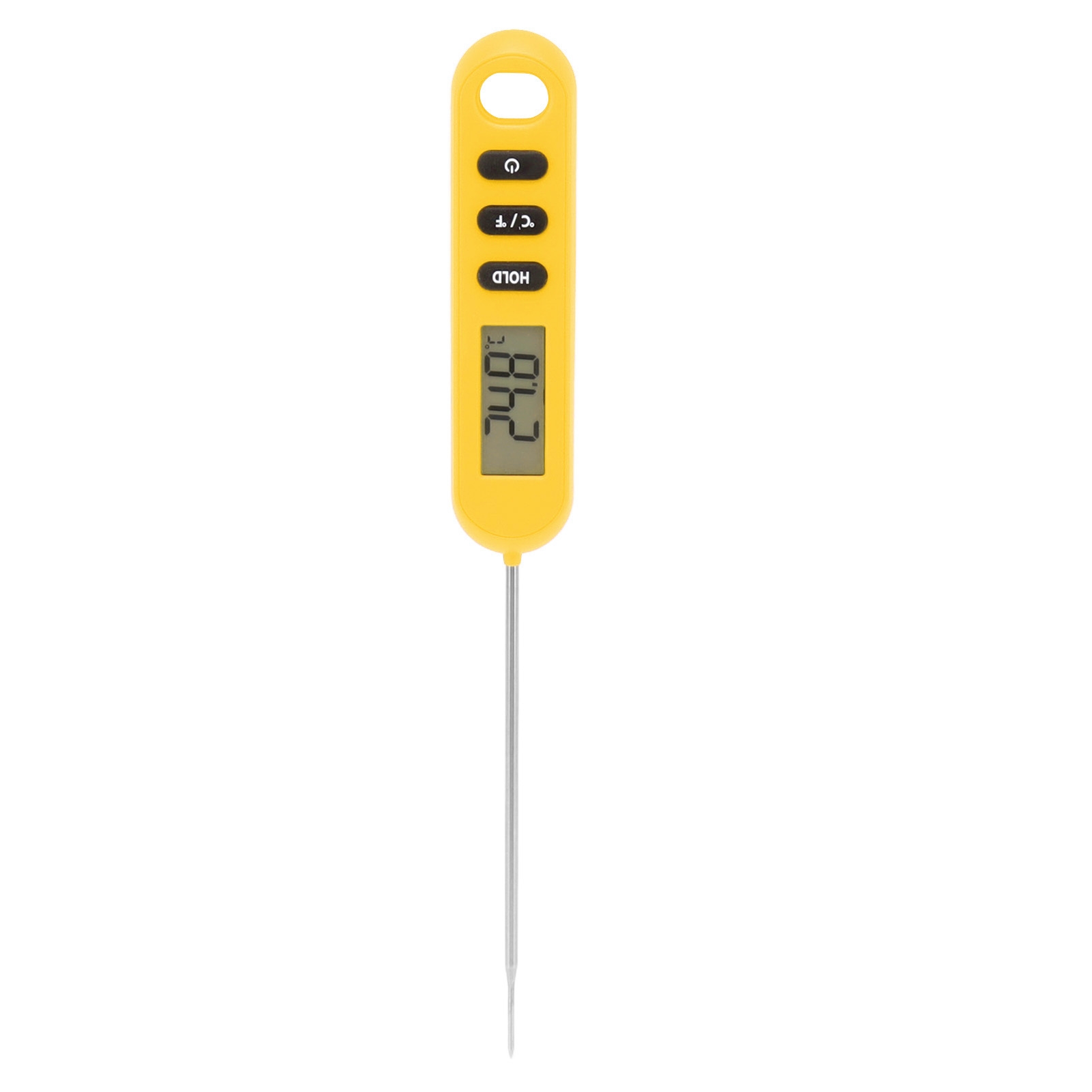 Ein gelbes digitales Lebensmittelthermometer mit einer langen Metallsonde. Es zeigt 24,8 Grad an.