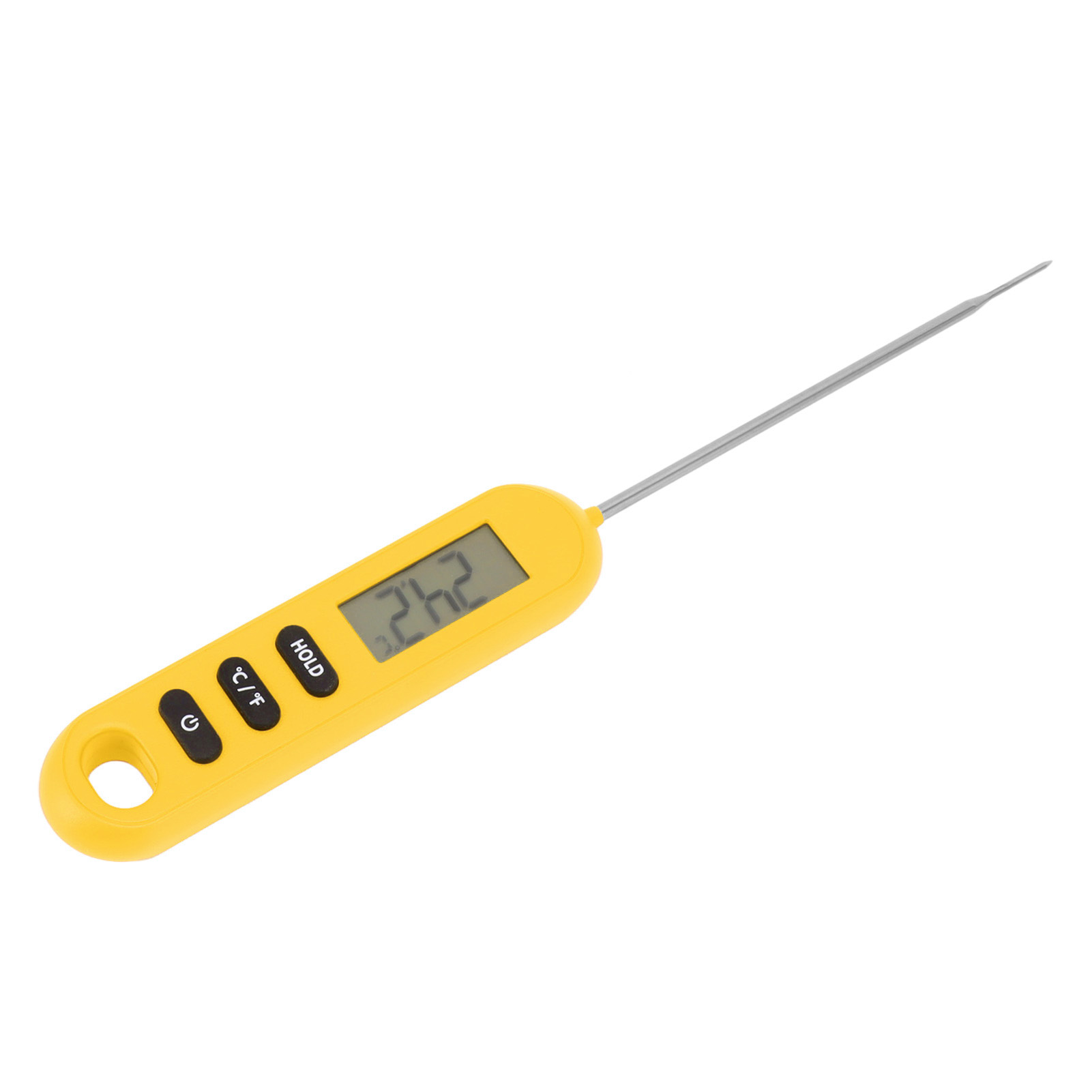 Ein gelbes Digitalthermometer mit Metallsonde. Es zeigt 24,2 an und hat Tasten für Ein/Aus, C/F und Halten.