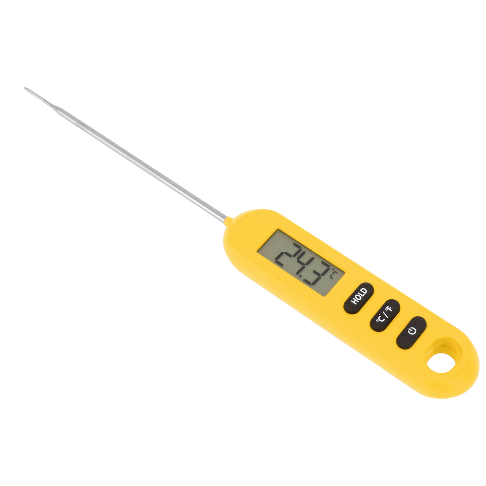 Ein gelbes digitales Thermometer mit langer Metallsonde zeigt 24,3 an. Tasten sind Halten, C/F und Ein/Aus. Auf weißem Hintergrund.