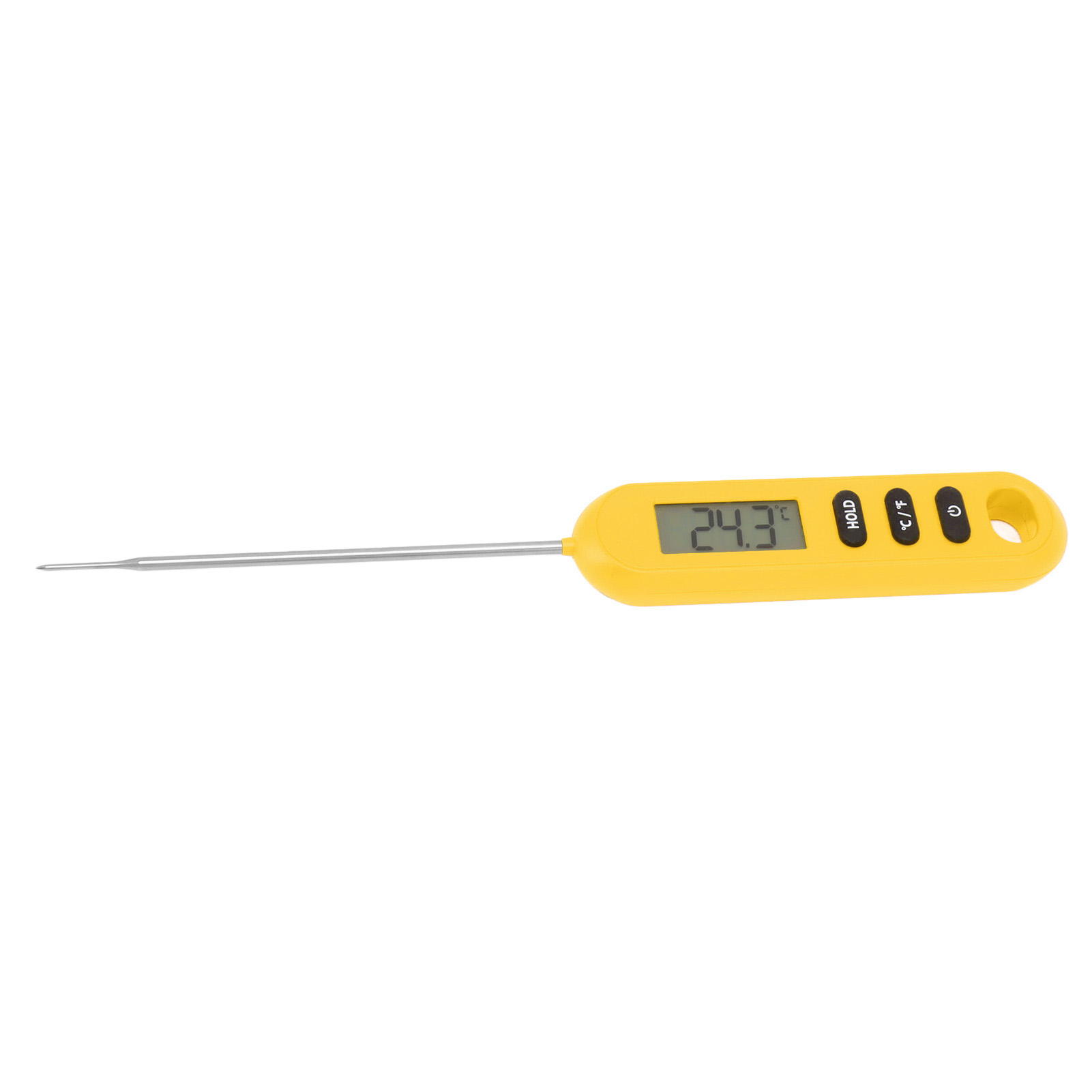 Ein gelbes Digitalthermometer mit langer Metallsonde. Das Display zeigt 24,3 °C an. Tasten für HOLD, C/F und Ein/Aus.