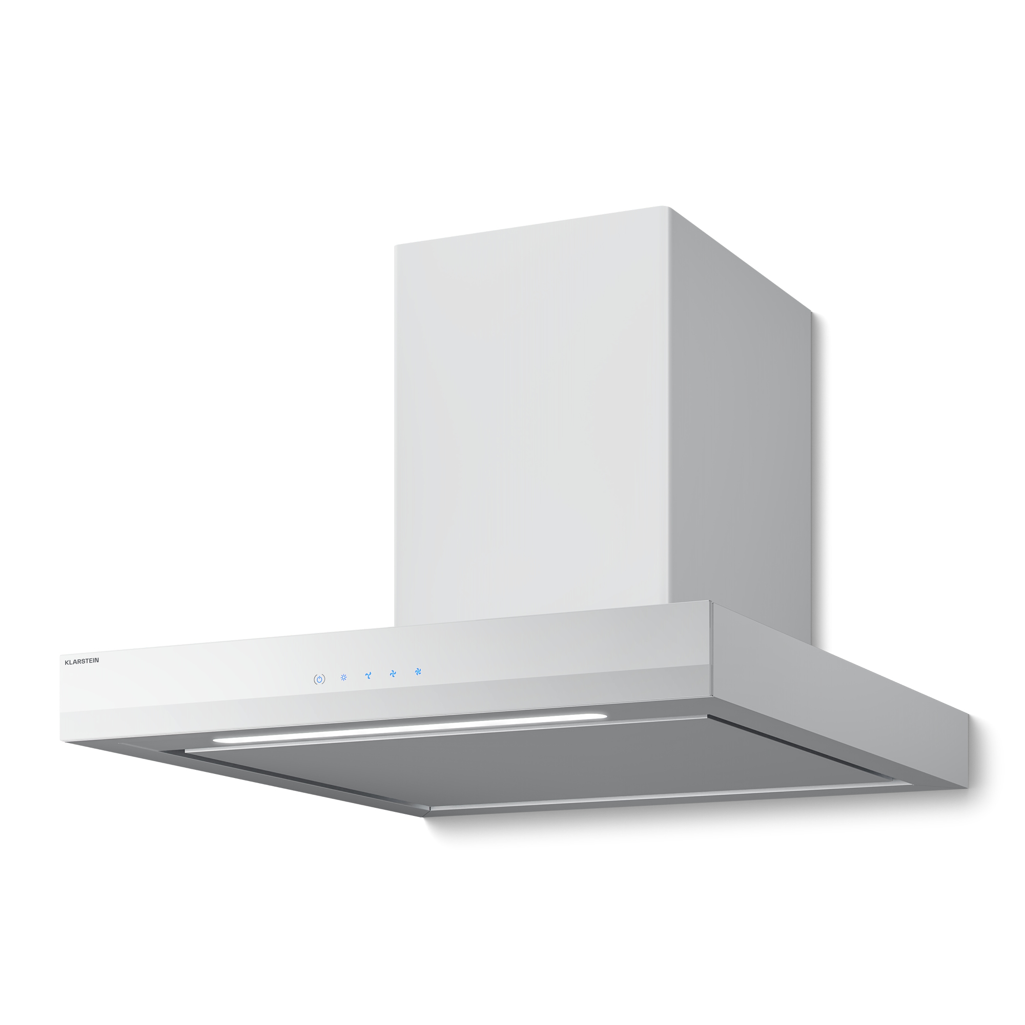 Una cappa da cucina bianca. Ha una forma rettangolare con pulsanti di controllo e una barra luminosa. Su sfondo bianco.