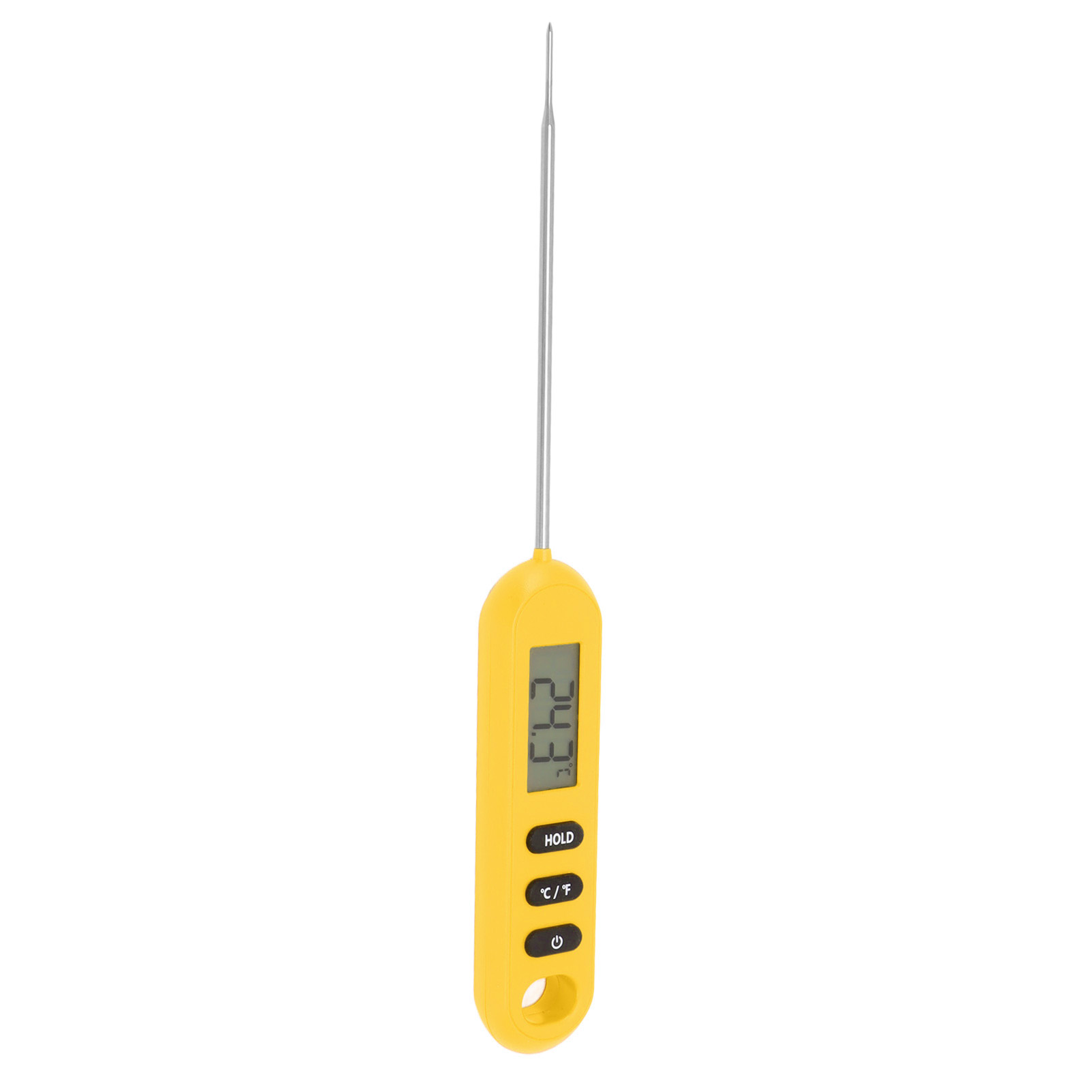 Ein gelbes digitales Thermometer mit einer langen Metallsonde. Es zeigt 24,3 an und hat Tasten für Halten, C/F und Ein/Aus.