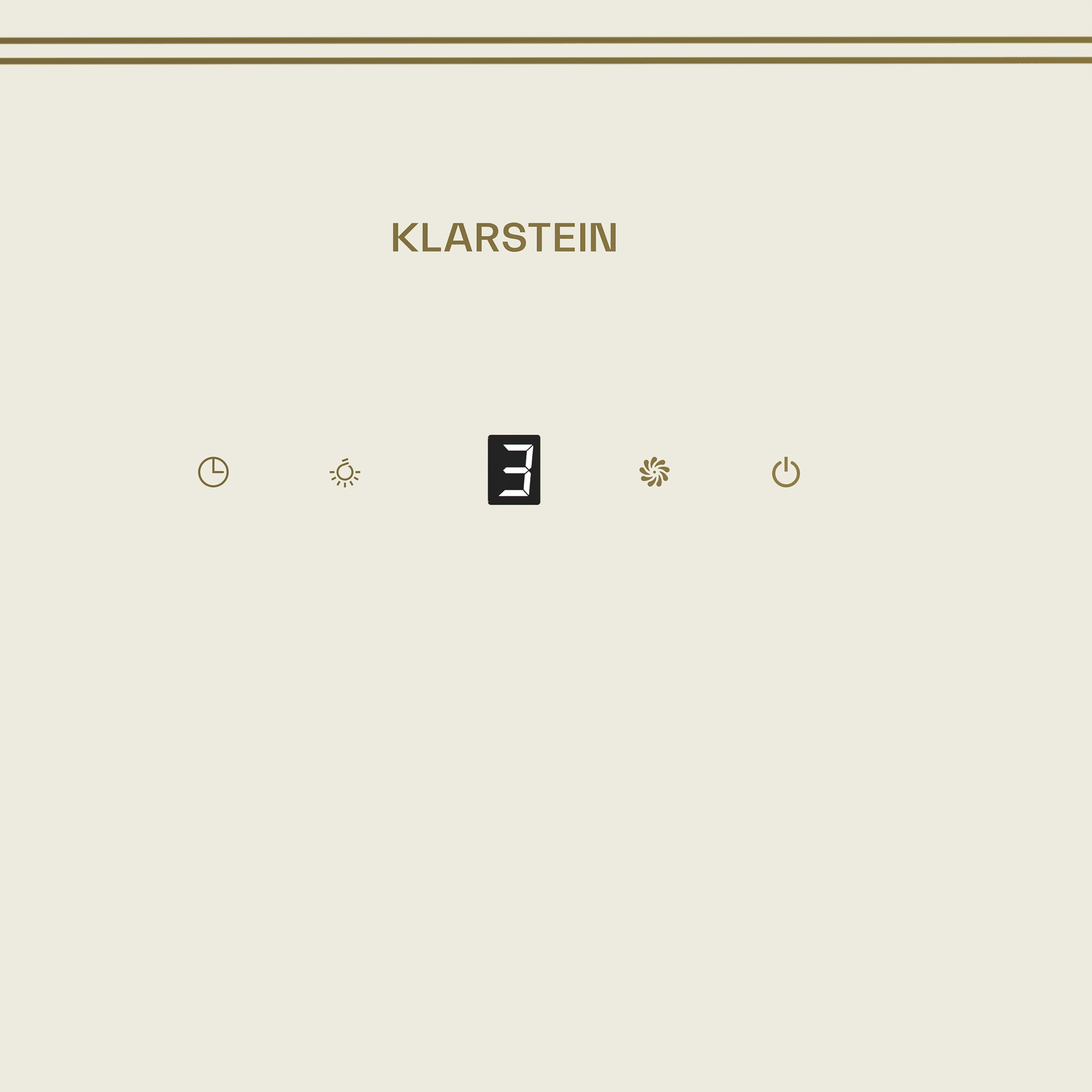 Fondo blanquecino con texto Klarstein. Hay iconos de tiempo, luz, 3, ventilador y encendido.