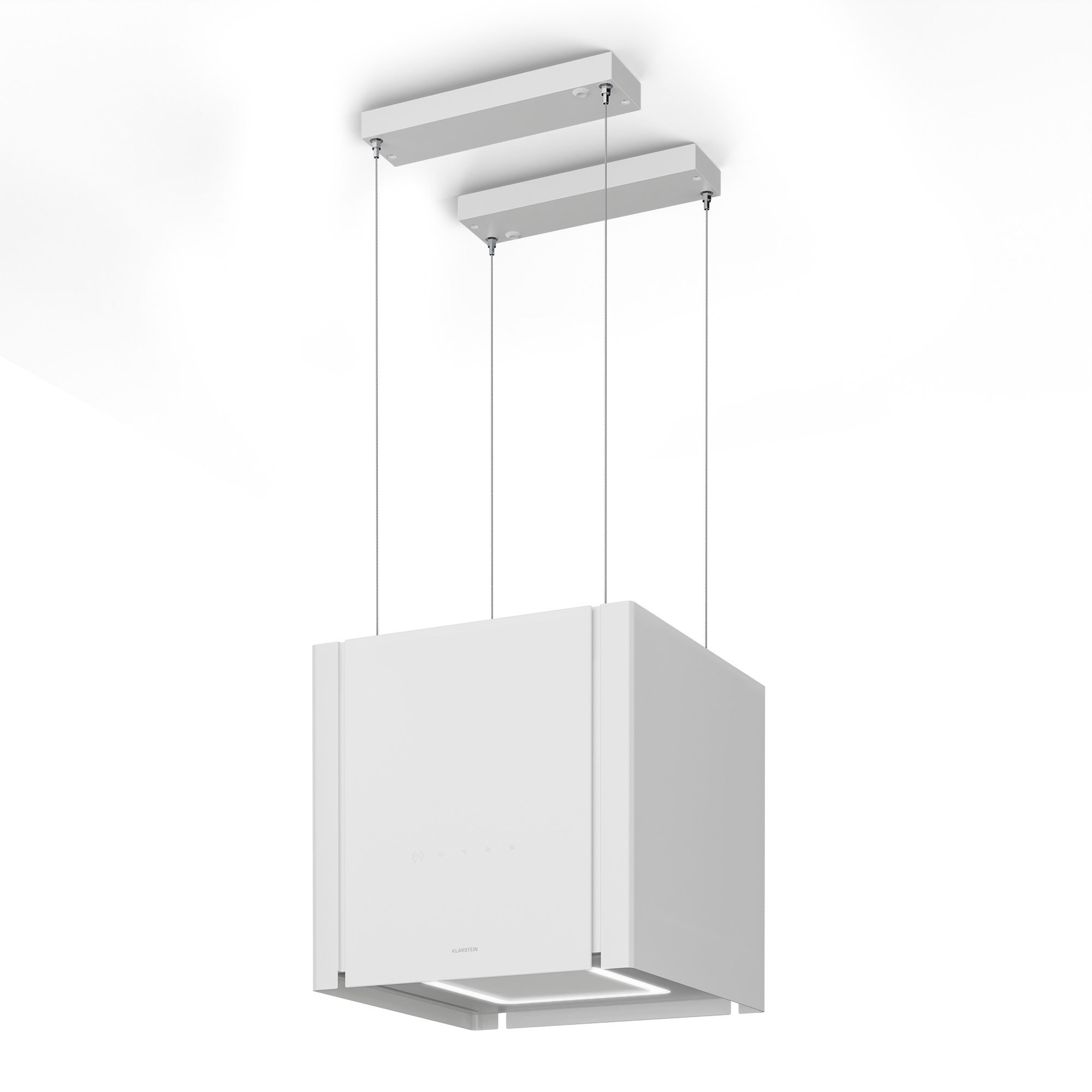 Una cappa da cucina bianca, sospesa dal soffitto. Ha una forma rettangolare con una luce nella parte inferiore.