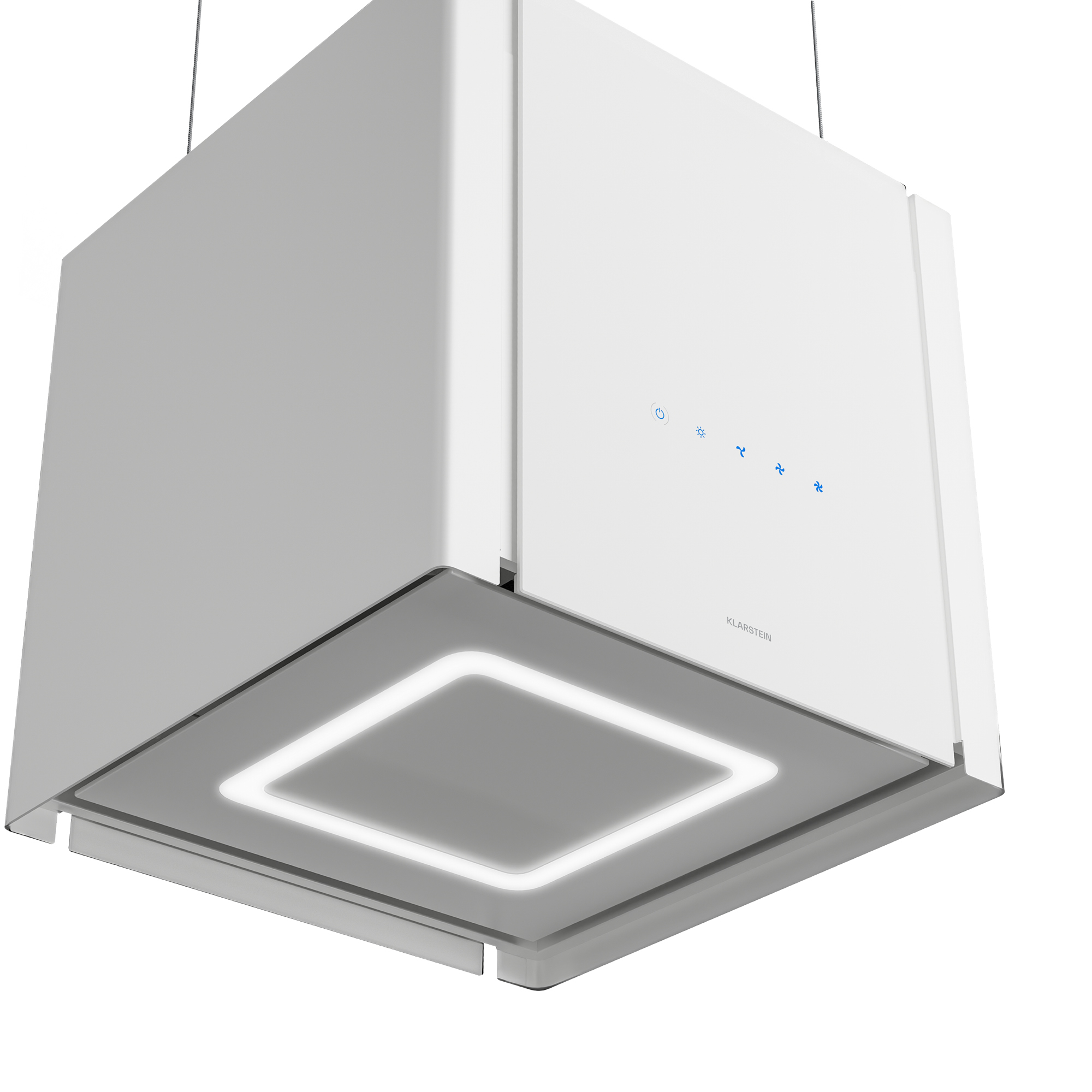 Una cappa bianca e quadrata con icone di controllo blu. Ha un pannello di vetro con luce quadrata ed è sospesa.