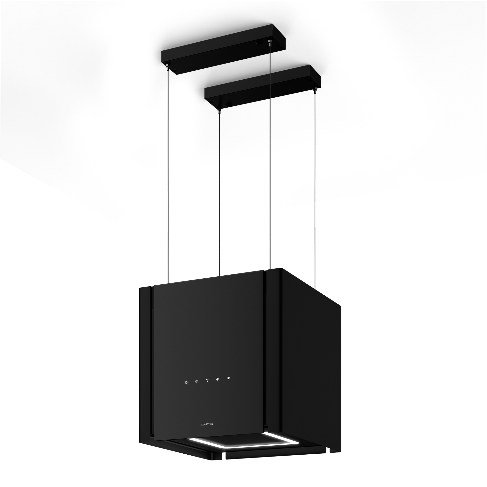 Una campana extractora negra cuelga del techo. Tiene forma rectangular con luces LED. Fondo blanco.