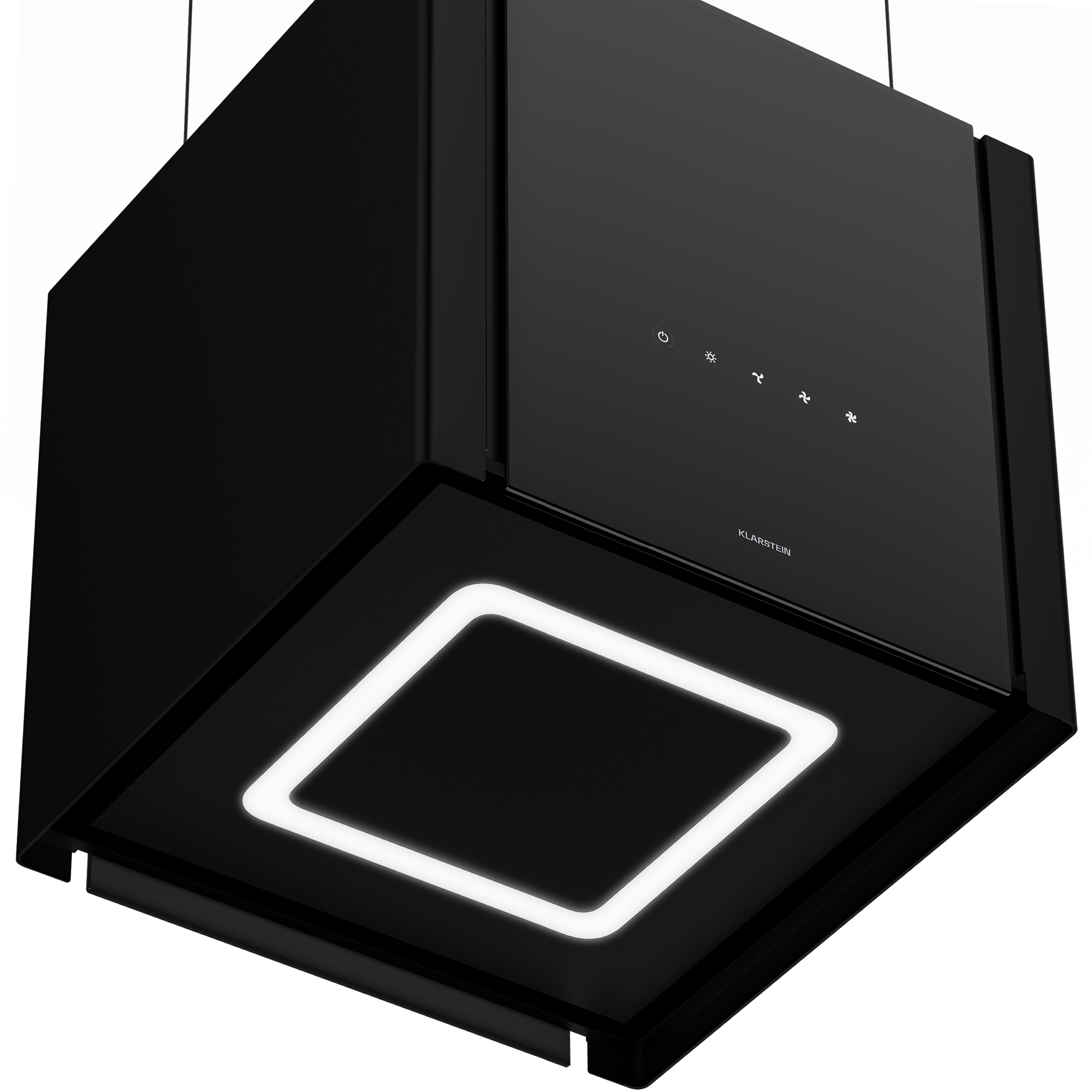 Campana extractora negra y cuadrada con marco de luz blanca. Cuelga del techo. Panel de control en la parte superior.