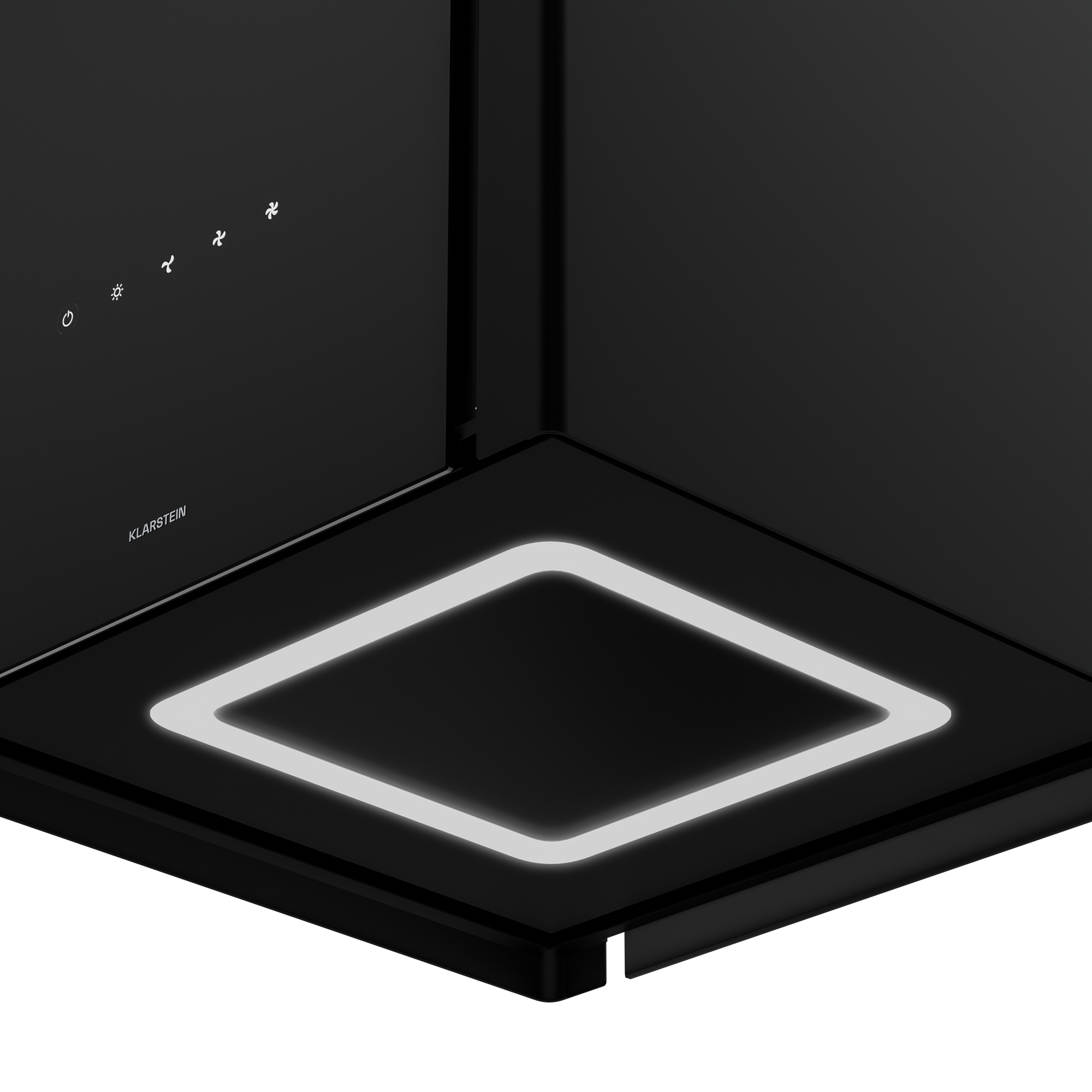 Una moderna campana extractora negra con una luz cuadrada brillante. Tiene iconos de control y la marca Klarstein.