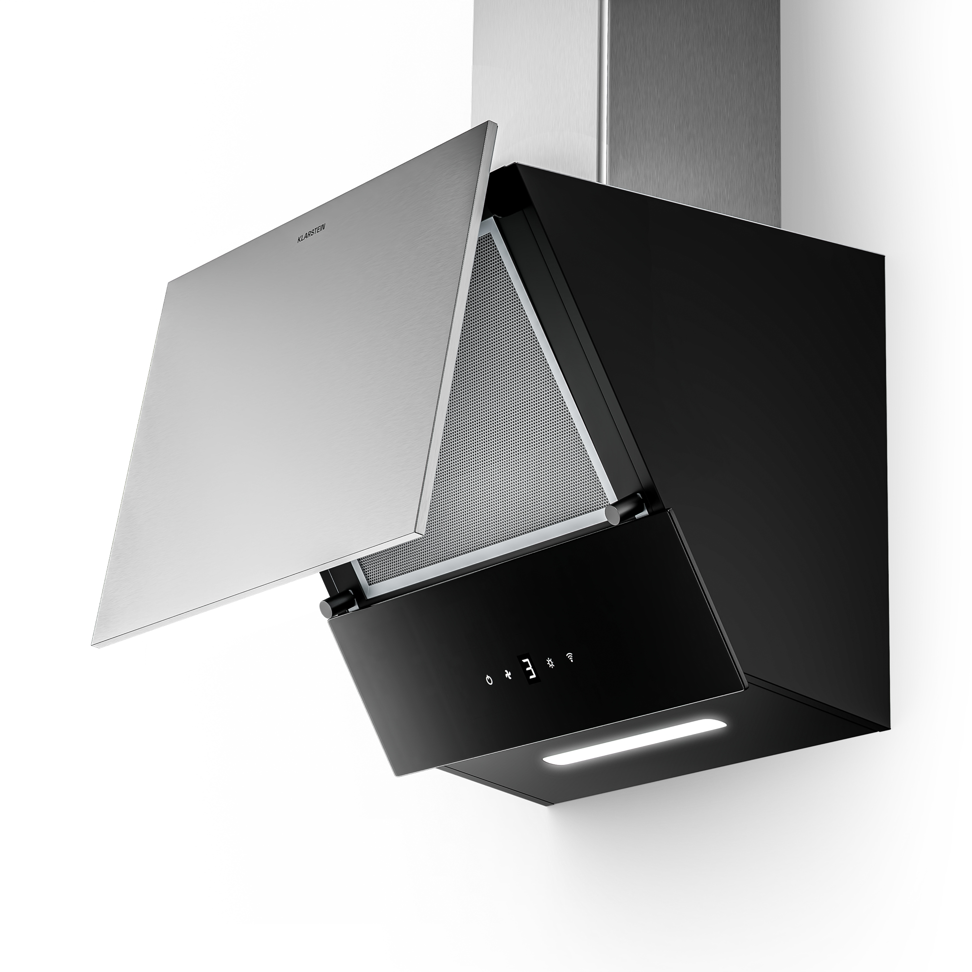 Eine schwarze und silberne Dunstabzugshaube mit der Marke 'Klarstein'. Die Frontblende hat ein Digitaldisplay und ein Licht.