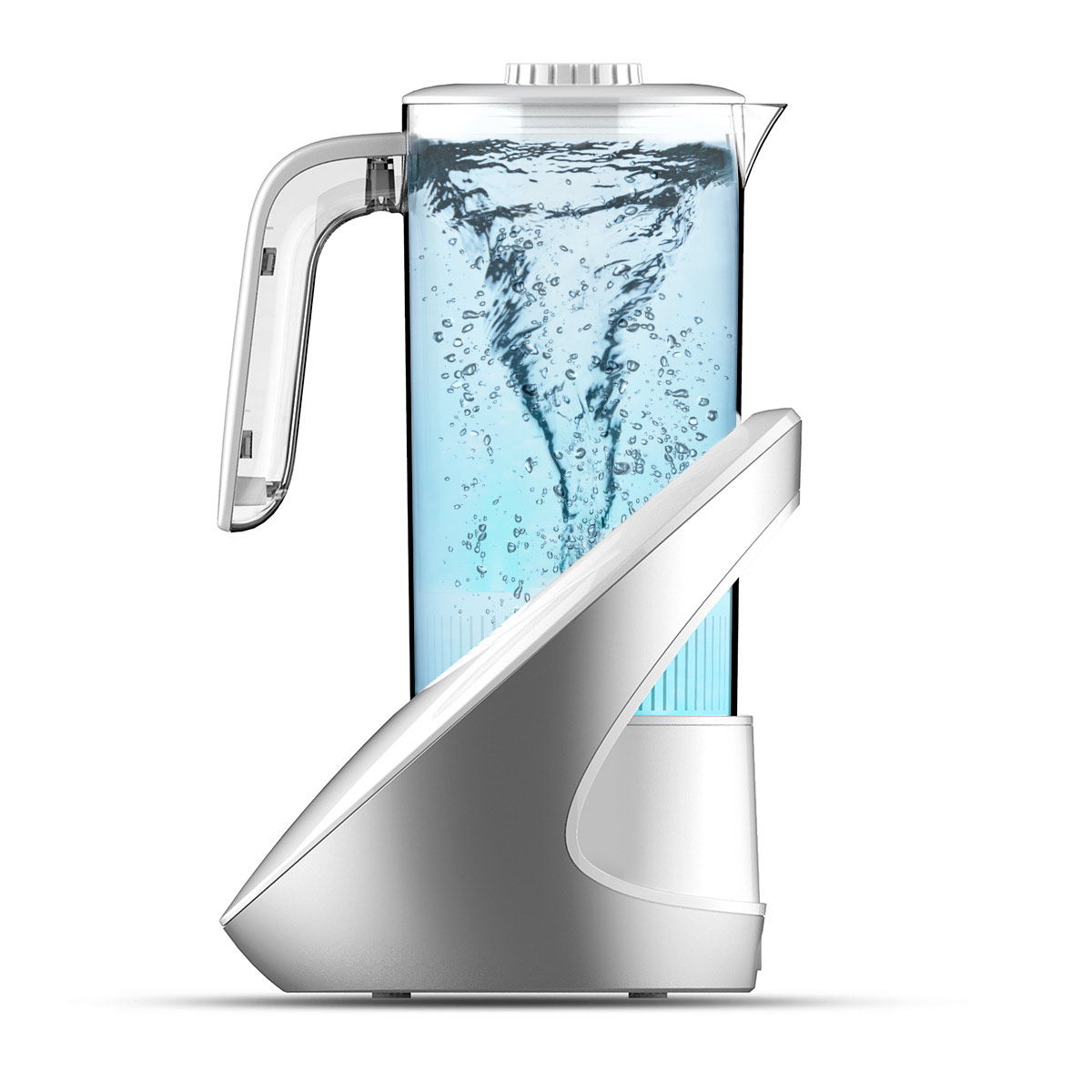 Ein moderner Wasserfilterkrug mit blauem, wirbelndem Wasser im Inneren. Der Krug ist weiß und klar, auf einem weißen Sockel stehend.