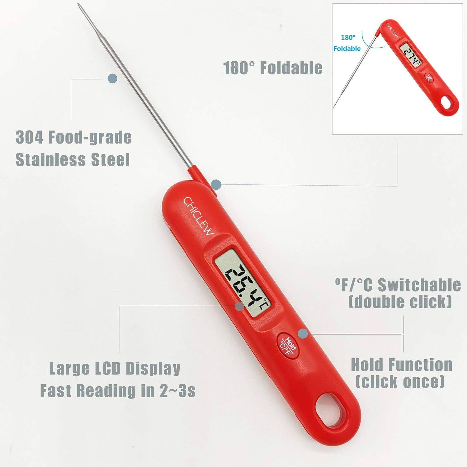 Ein rotes digitales Lebensmitteltemperaturmessgerät mit langer Metallsonde. Es zeigt 26,4 °C an. Merkmale sind ein faltbares Design und eine Haltefunktion.