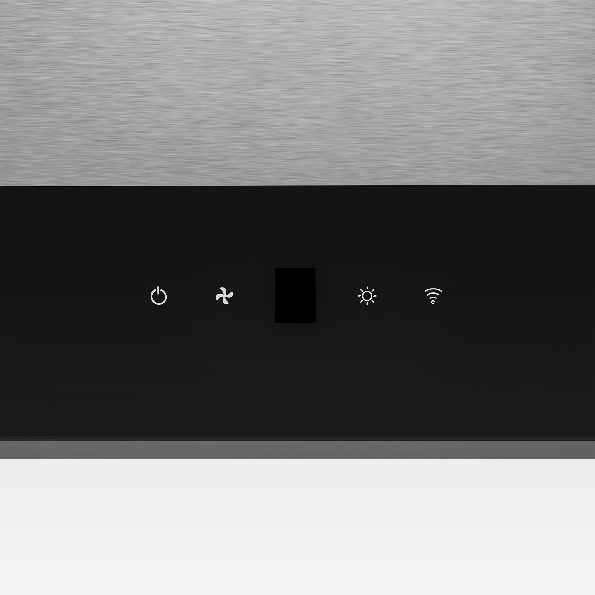 Nahaufnahme eines schwarzen Bedienfelds mit weißen Symbolen für Ein/Aus, Lüfter, Licht und WLAN, vor Metallhintergrund.