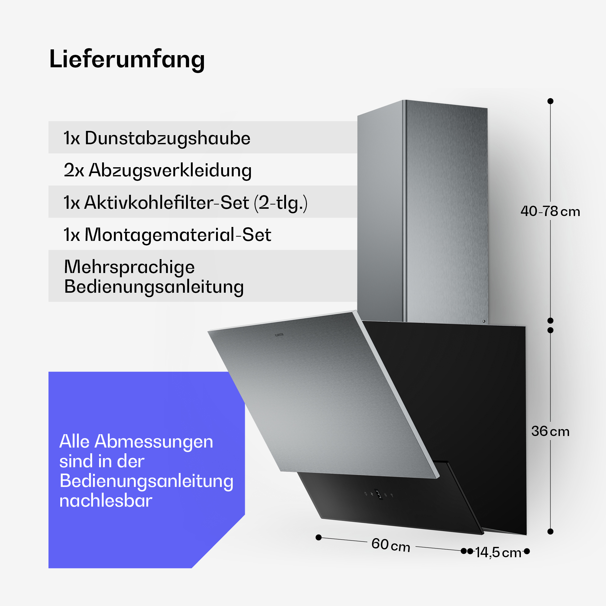 Edelstahl-Dunstabzugshaube mit Abmessungen. Enthält eine Liste der Artikel und eine blaue Notiz mit Anweisungen.