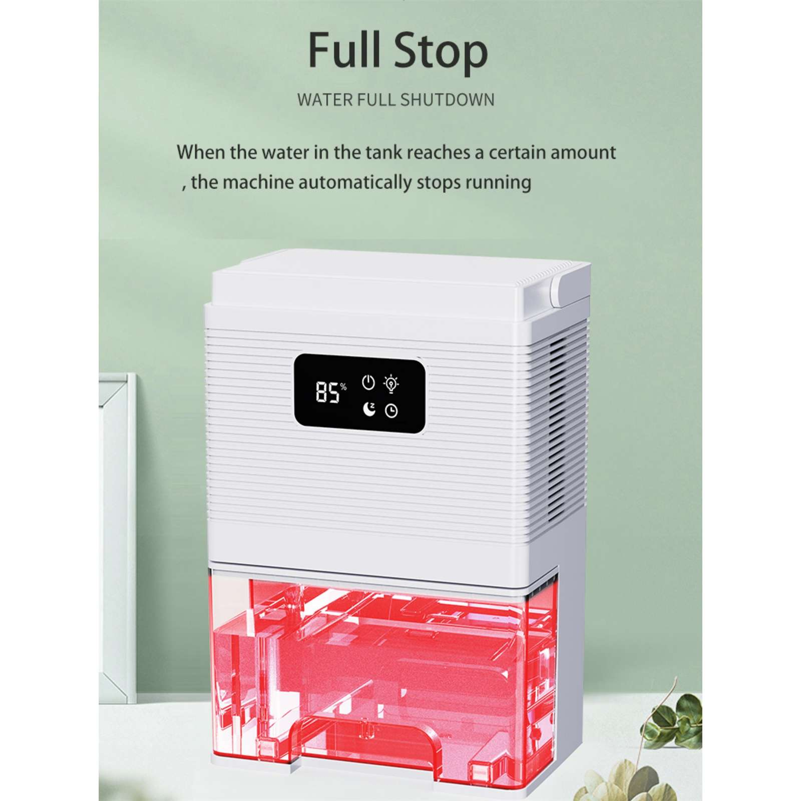 Ein weißer Luftentfeuchter mit Digitalanzeige. Unten ist ein roter Wassertank zu sehen. Der Text lautet 'Full Stop' und 'Water Full Shutdown'.