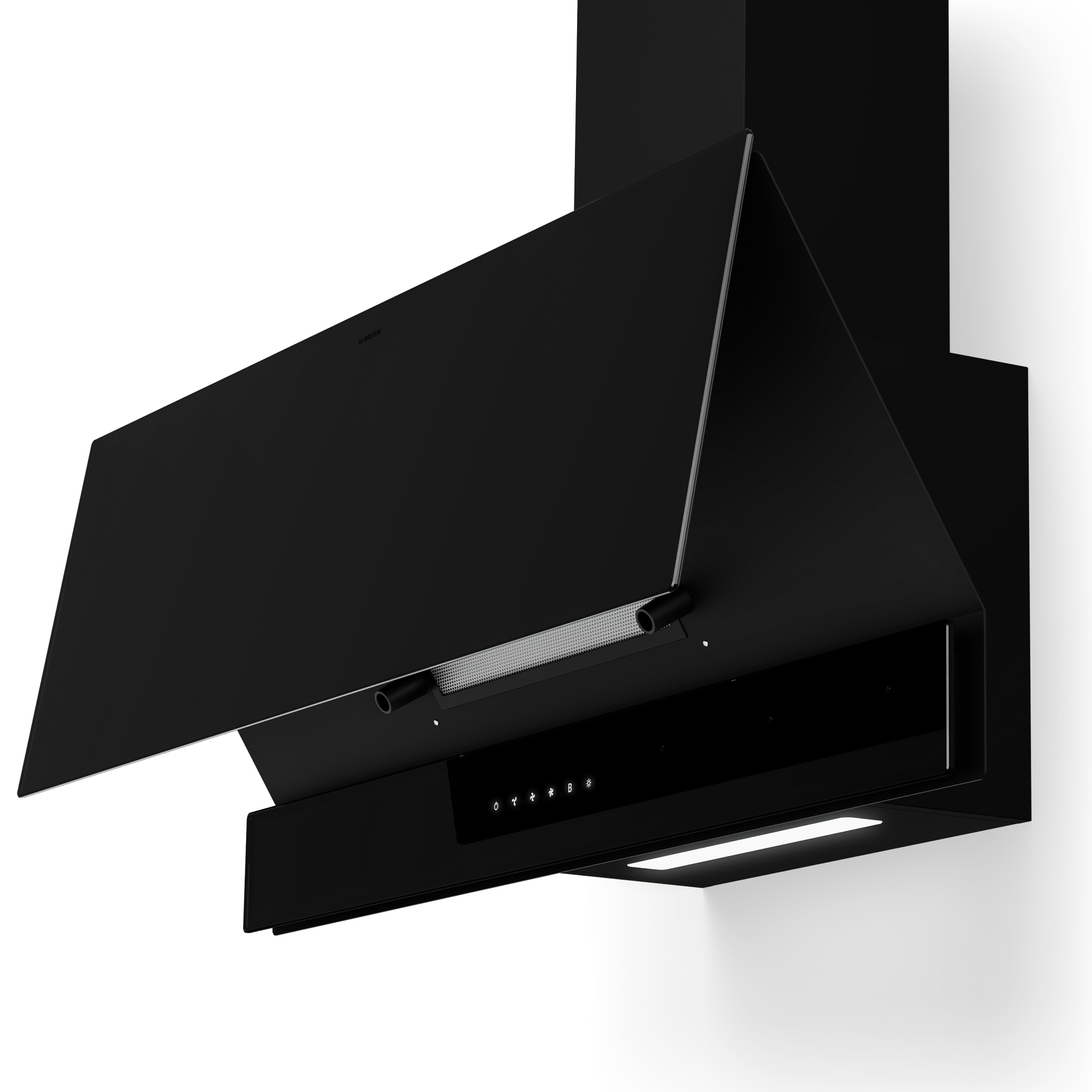 Una cappa da cucina nera con pannello aperto. Ha un pannello di controllo con icone illuminate e una luce integrata.