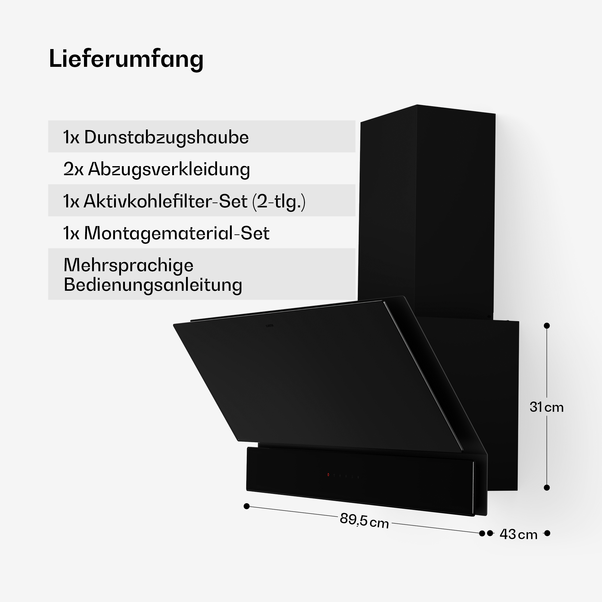 Cappa nera con dimensioni indicate. Include set di filtri e istruzioni multilingue. Testo: Lieferumfang.