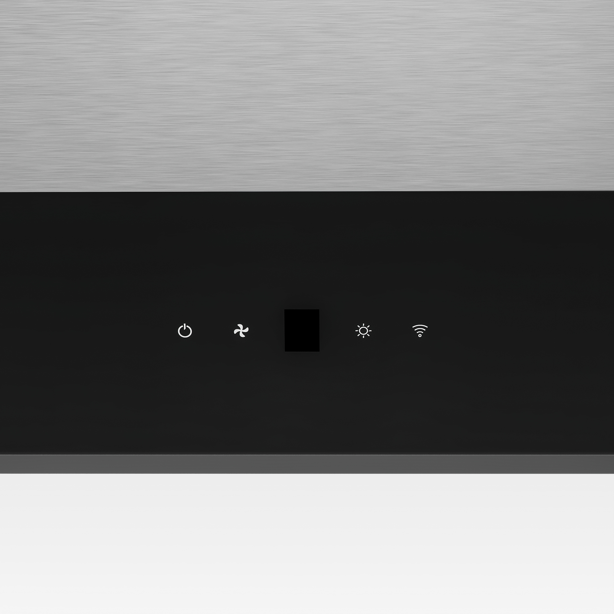 Dunstabzugshaube aus Edelstahl mit schwarzem Bedienfeld, das Symbole für Strom, Lüfter, Licht und WLAN hat.