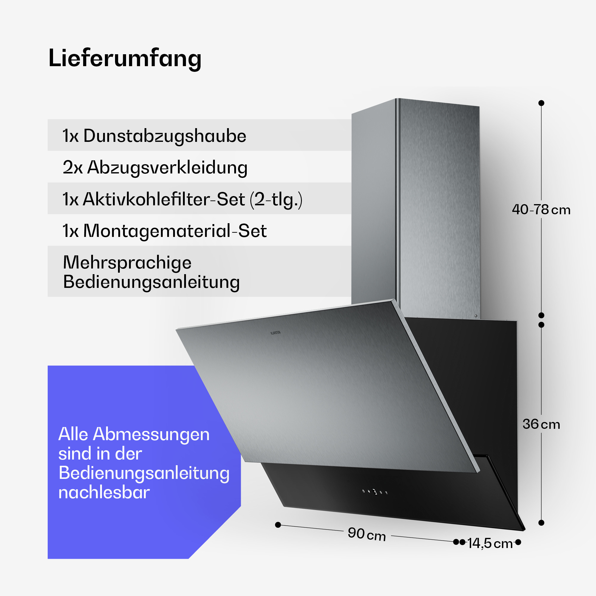 Edelstahl-Dunstabzugshaube mit Maßangaben. Enthält Teileliste und blauen Text mit Abmessungen.