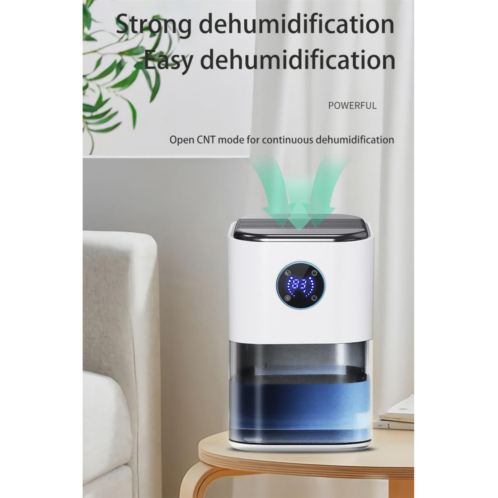 Ein weißer Luftentfeuchter mit blauem Wassertank und Digitalanzeige. Text: 'Starke Entfeuchtung' und 'Einfache Entfeuchtung'.