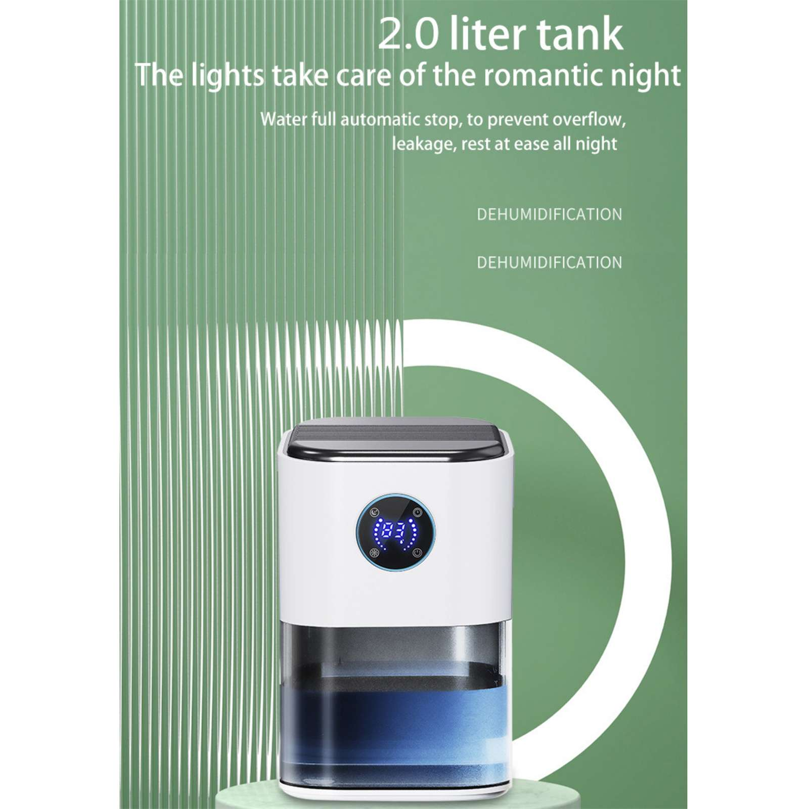 Ein Luftentfeuchter mit Digitalanzeige. Er hat einen weißen Körper mit schwarzem Deckel und einem transparenten Wassertank.