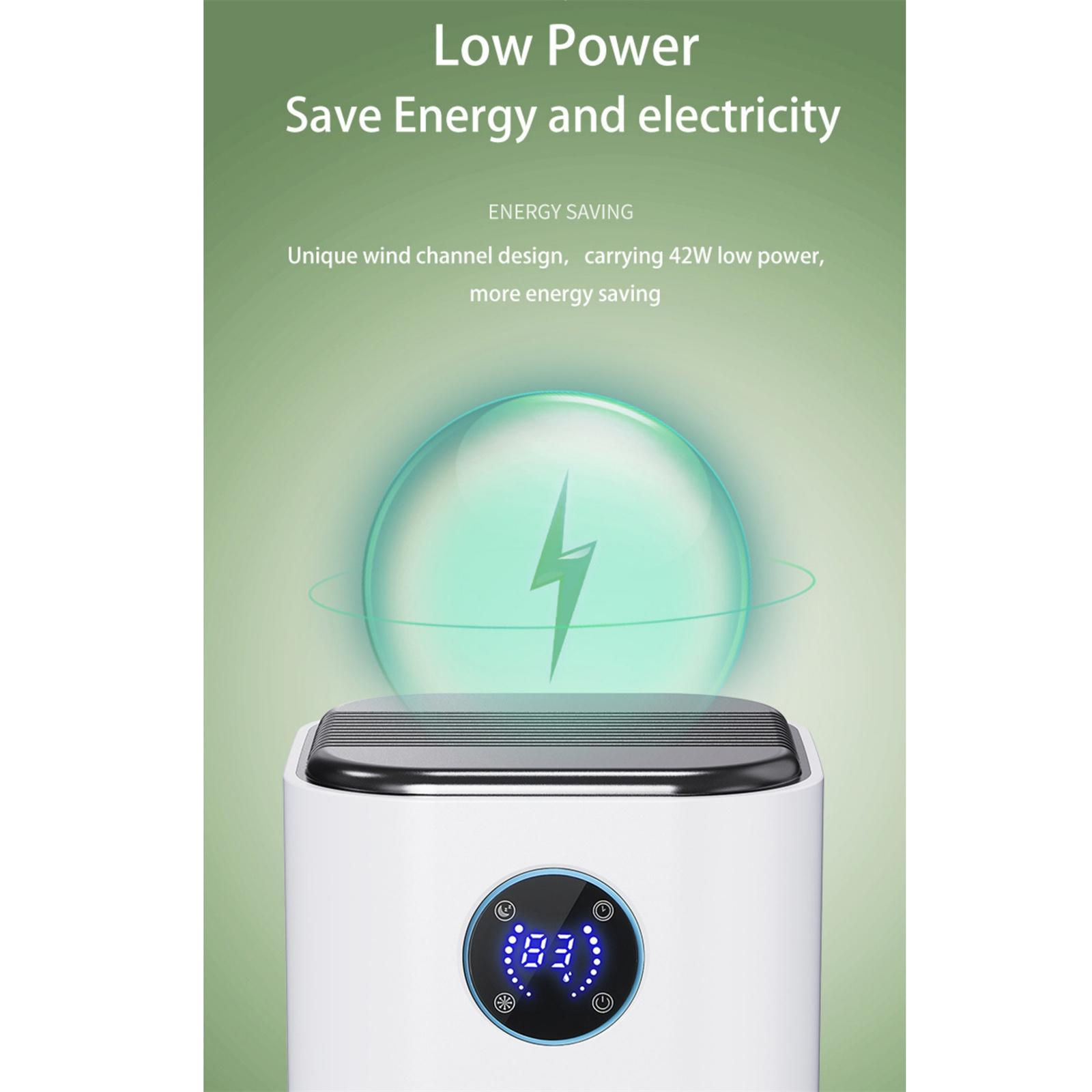 Ein Energiespar-Gerät mit Display. Ein Blitz in einer grünen Kugel. Text: Geringer Stromverbrauch, Energie und Strom sparen.