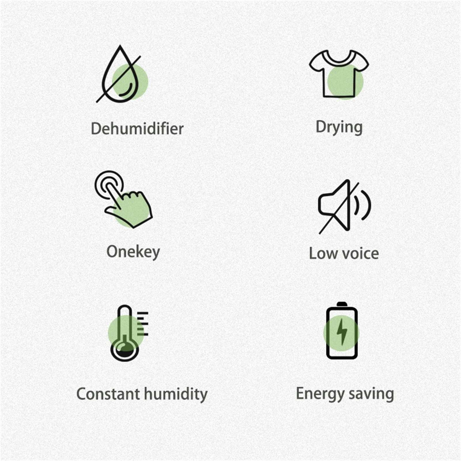 Symbole: Luftentfeuchter, Trocknen, One-Key, leise, konstante Luftfeuchtigkeit, Energiesparen. Alles in einem hellgrünen Kreis.
