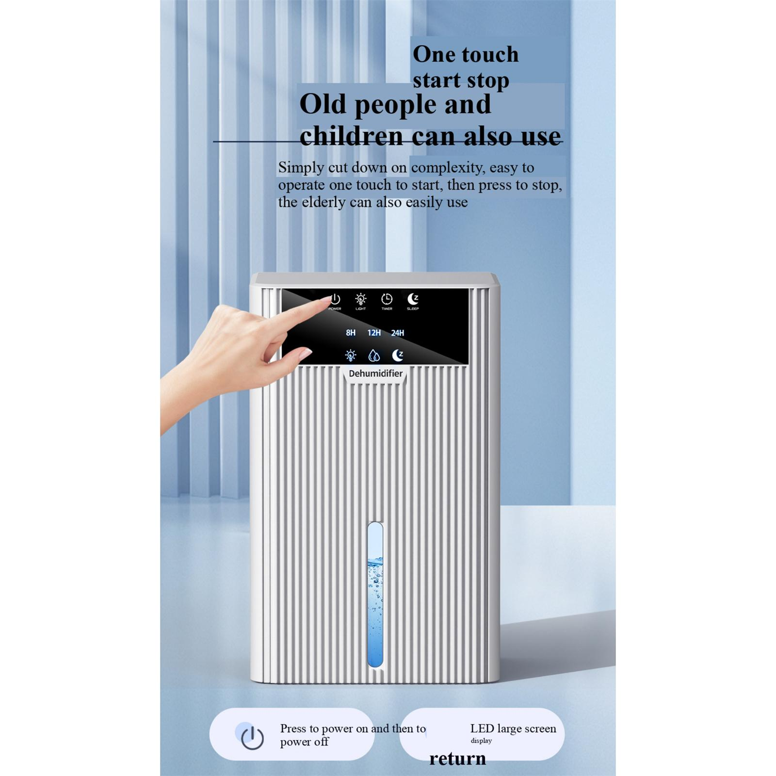 Eine Hand berührt einen Entfeuchtungsbildschirm. Das Gerät ist weiß mit einer blauen Wasserstandsanzeige. Text: 'One touch start stop'.