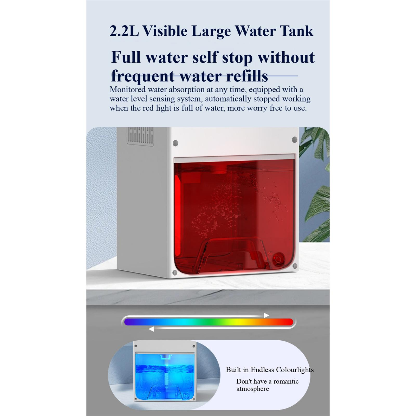 Ein weißer Wassertank mit roter Wasserkammer. Text hebt Funktionen wie Selbststopp und sichtbaren Wasserstand hervor.