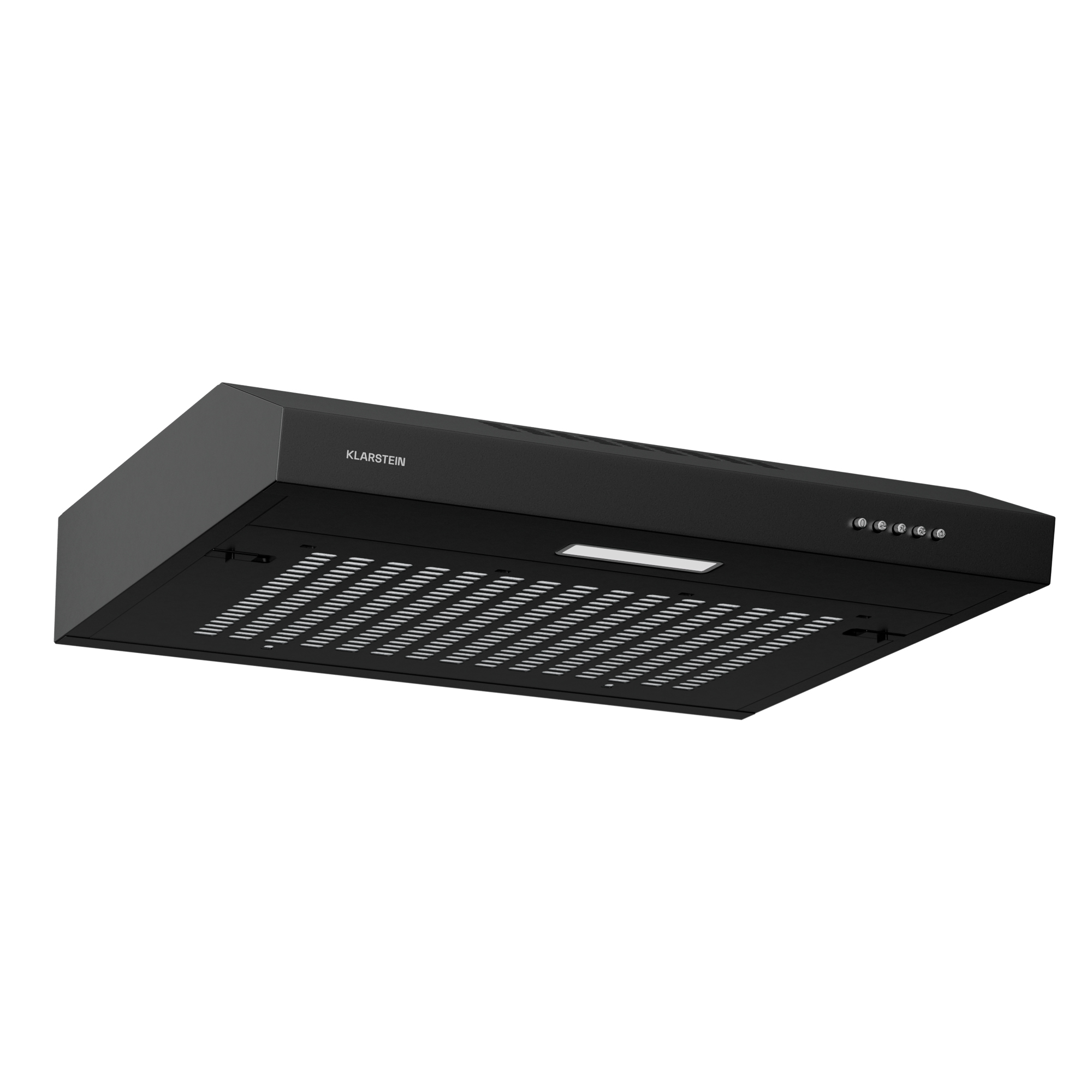 Una campana extractora Klarstein negra. Tiene forma rectangular, luz y varios botones de control.