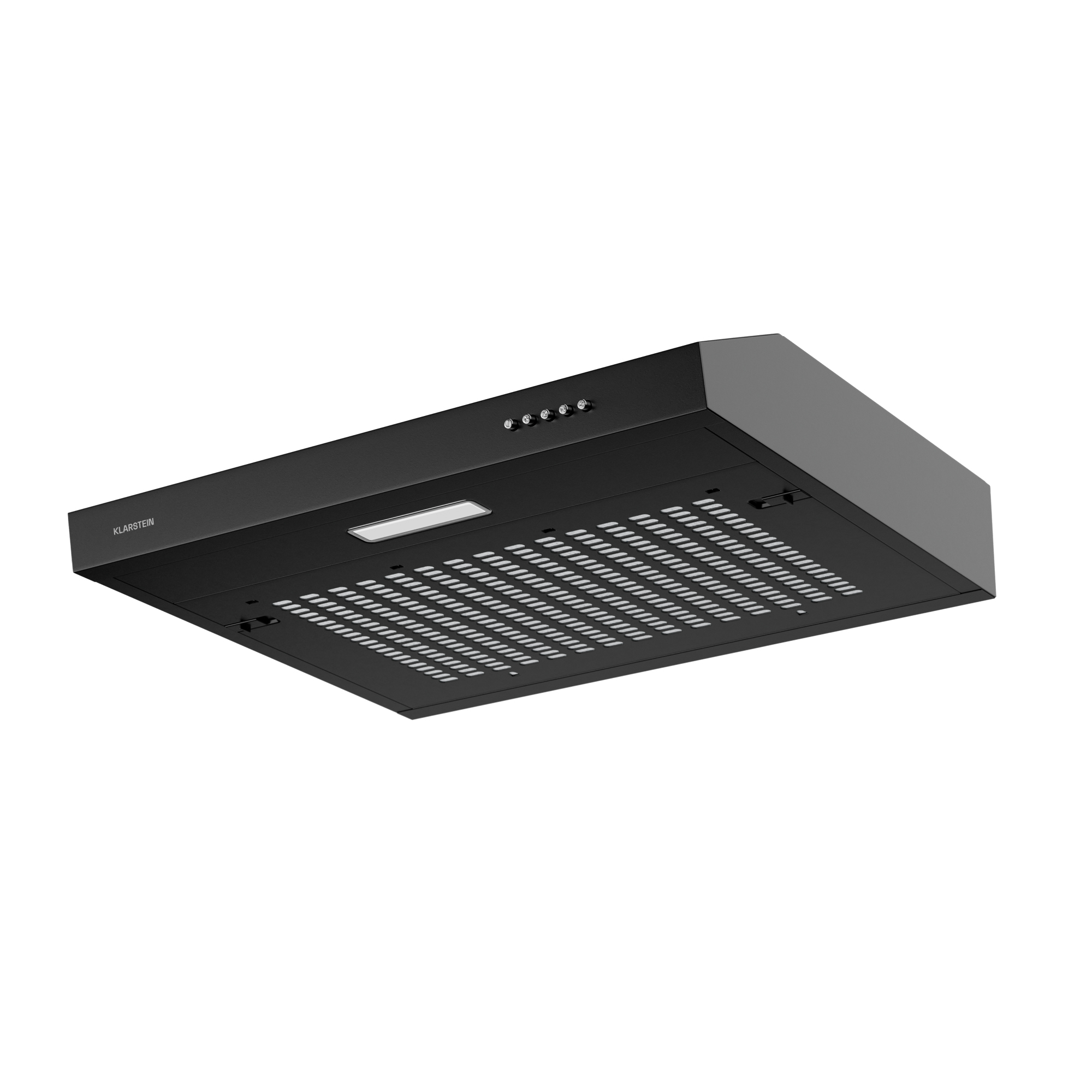 Campana extractora negra con detalles plateados. Tiene luz, botones y ventilación. La marca es Klarstein.