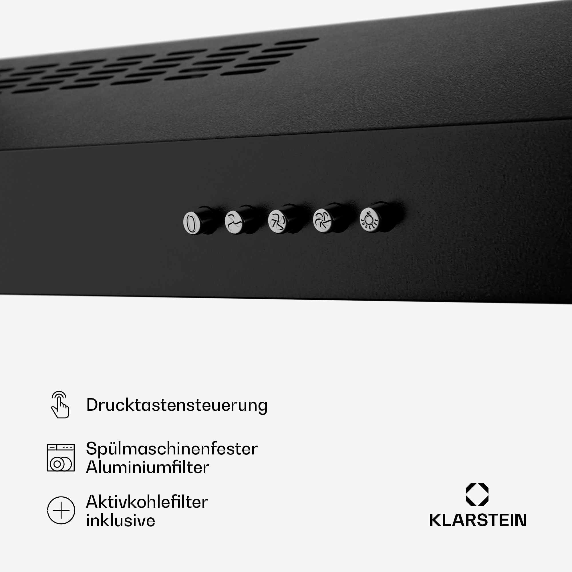 Campana extractora negra con cinco botones de control. Los botones tienen iconos de encendido, velocidad y luz.