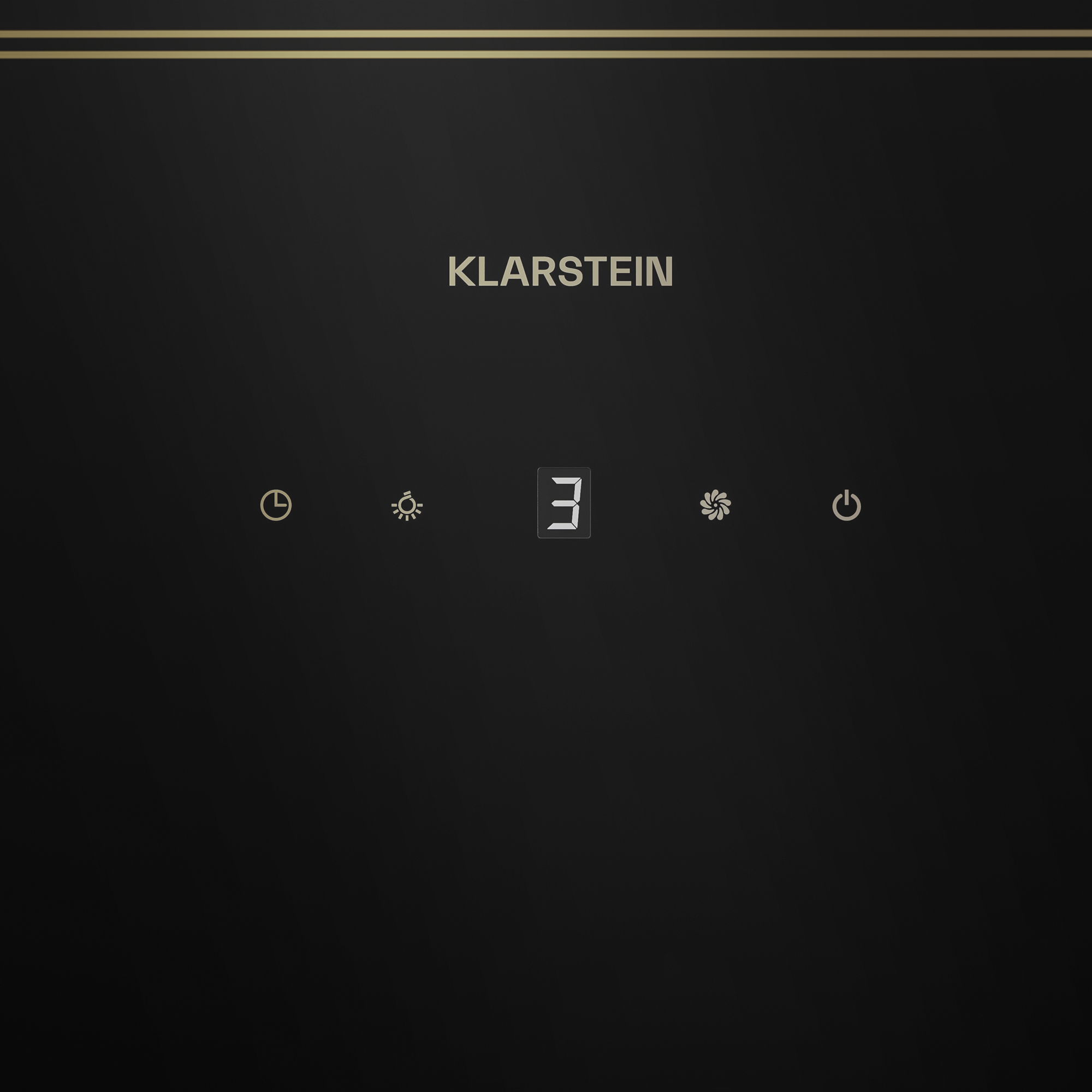 Panel negro con líneas doradas, logo Klarstein, iconos y pantalla digital con '3'.