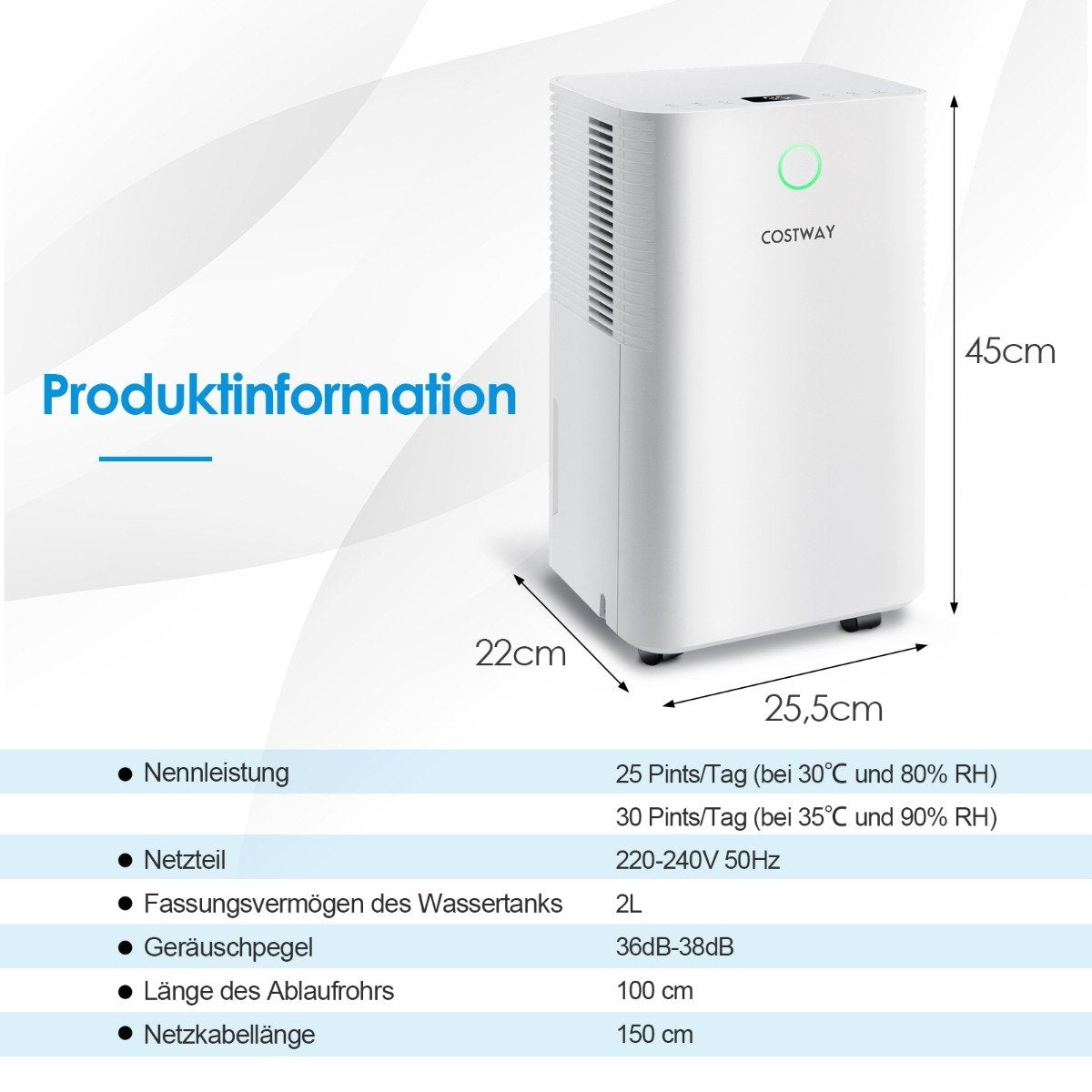 Deshumidificador COSTWAY blanco con dimensiones, información del producto y especificaciones. El producto es blanco y tiene un botón de encendido.