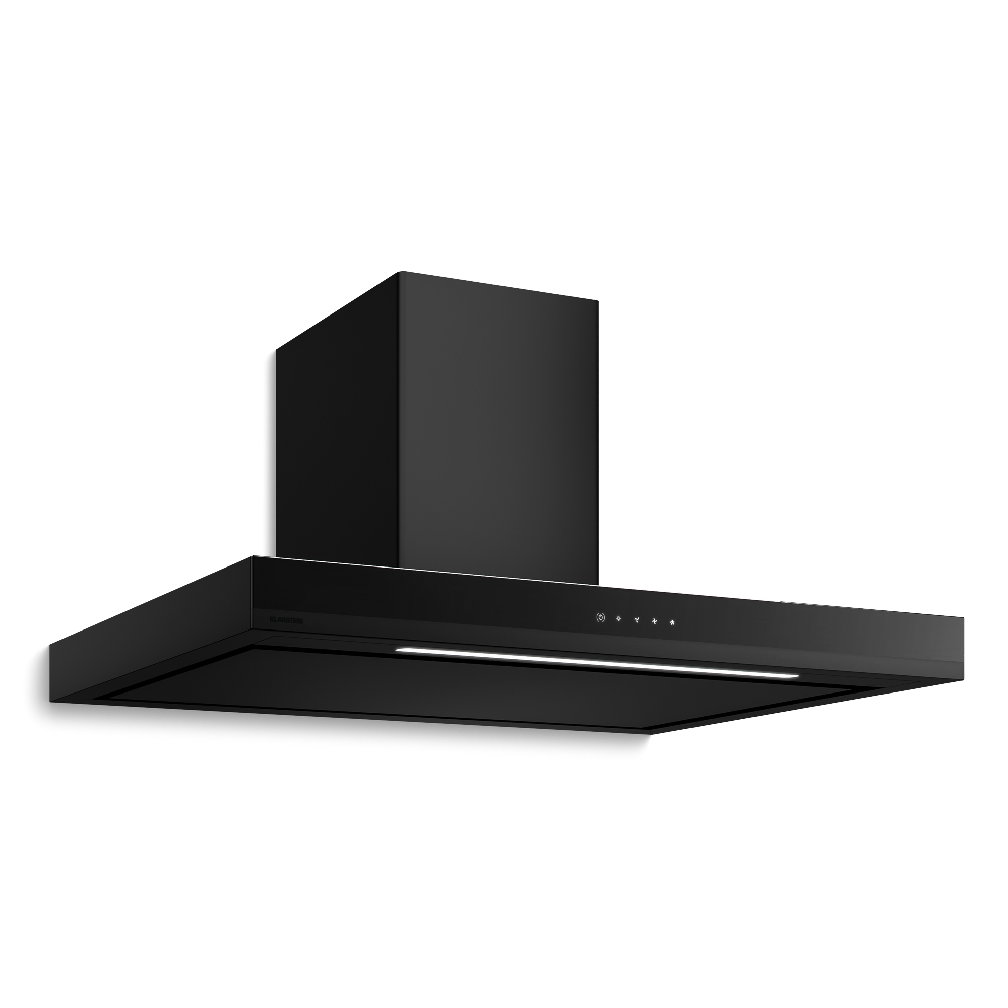 Campana extractora de cocina negra sobre fondo blanco. Tiene base rectangular, chimenea y botones de control.