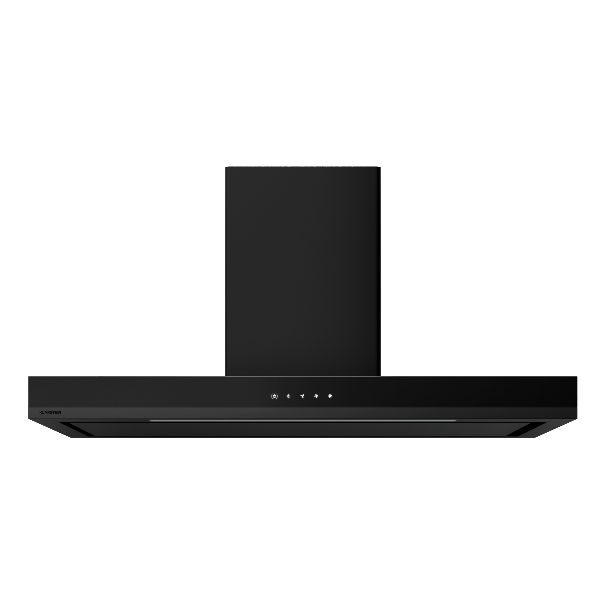 Una campana extractora Klarstein negra. Tiene un cuerpo rectangular con botones de control y una sección alta en forma de chimenea.