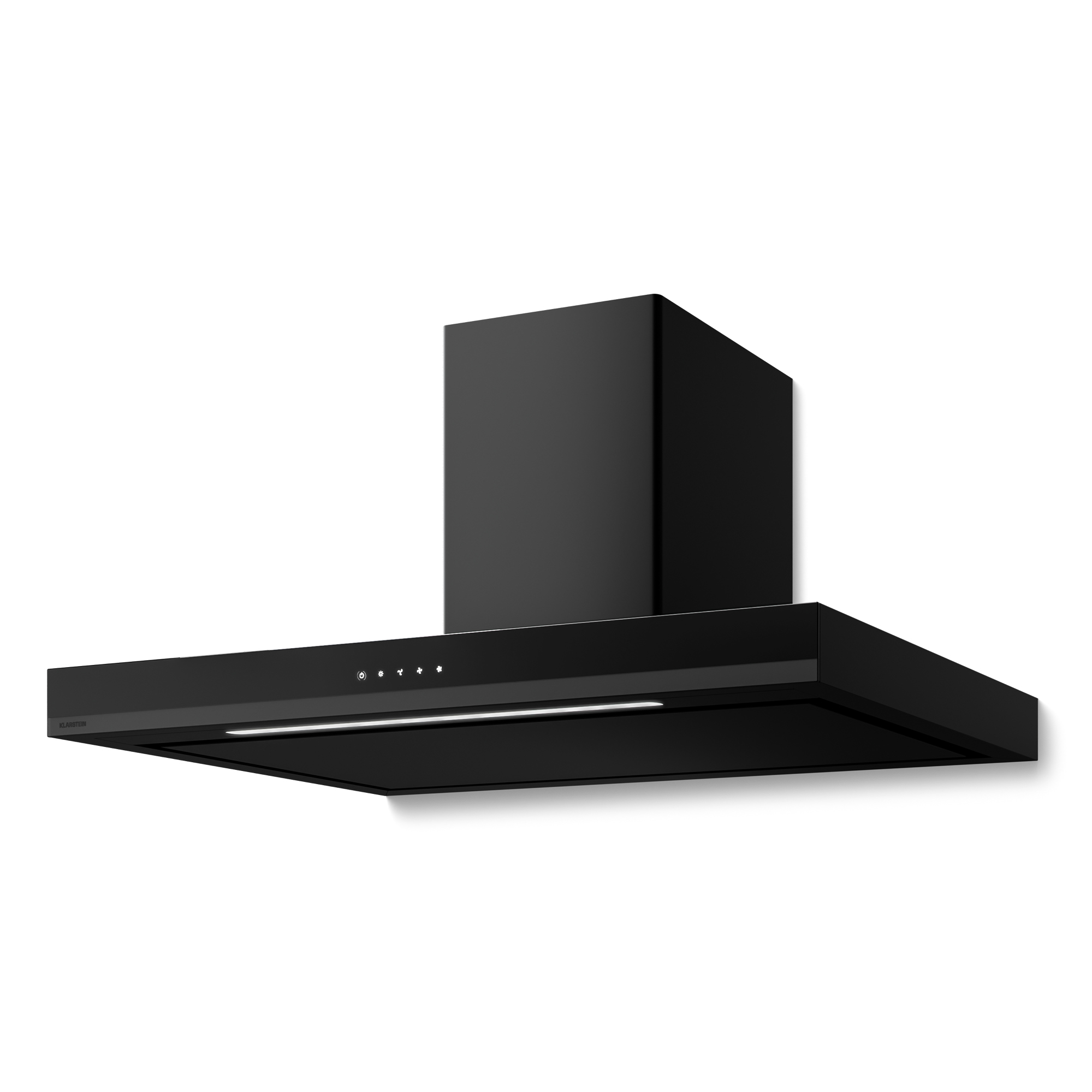 Una campana extractora negra sobre fondo blanco. Tiene forma rectangular con luz y botones de control.