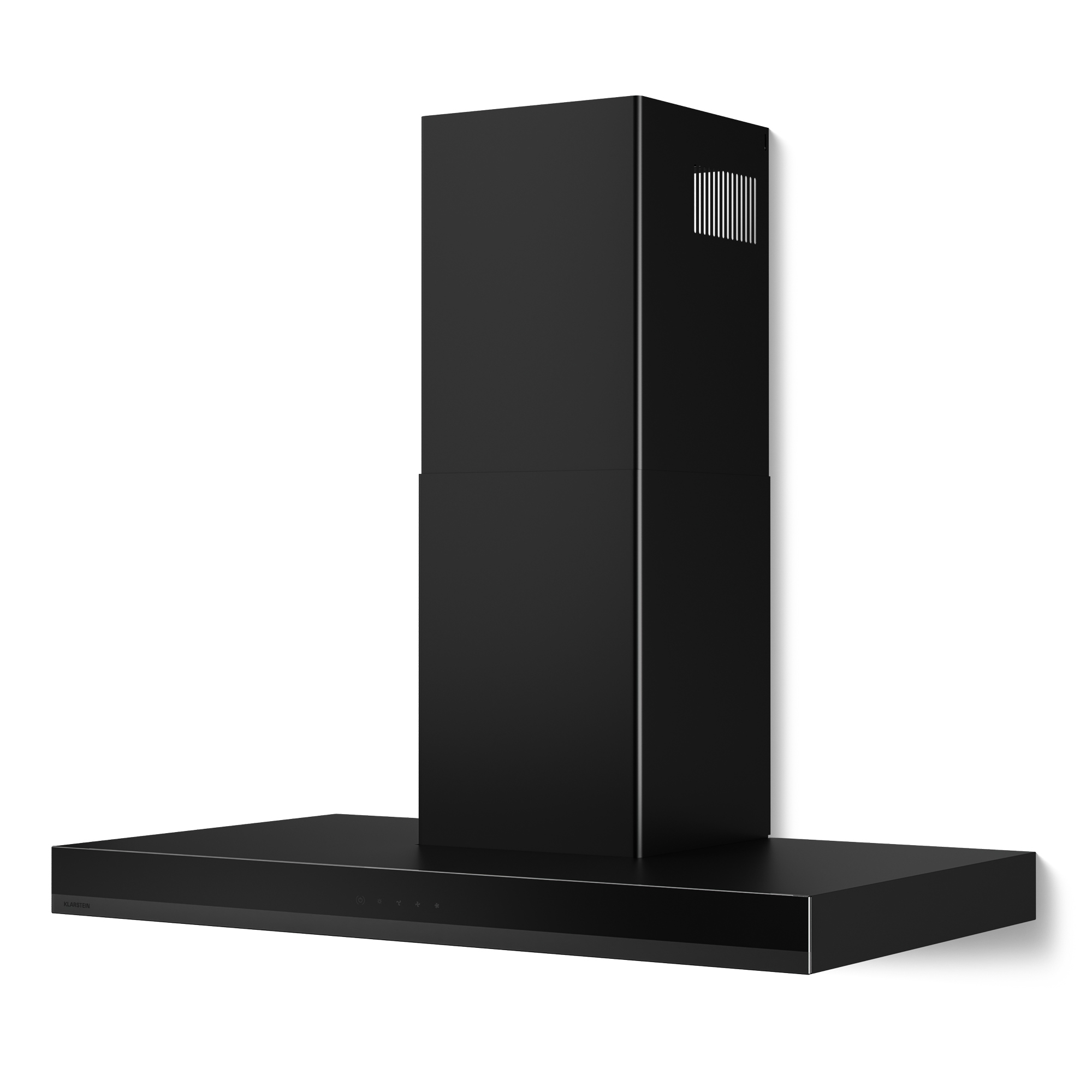 Una campana extractora negra contra una pared blanca. Tiene una base y una chimenea rectangulares. La marca es visible.