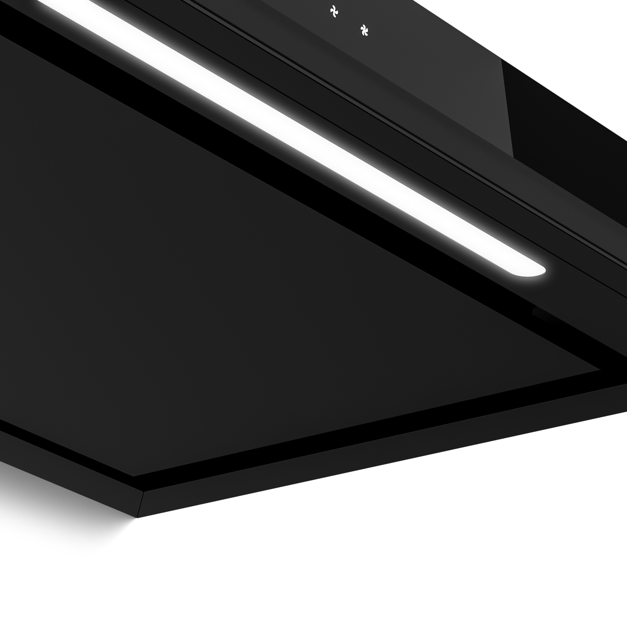 Primer plano de una campana extractora negra con luz blanca brillante. Dos símbolos de ventilador presentes. Fondo blanco.