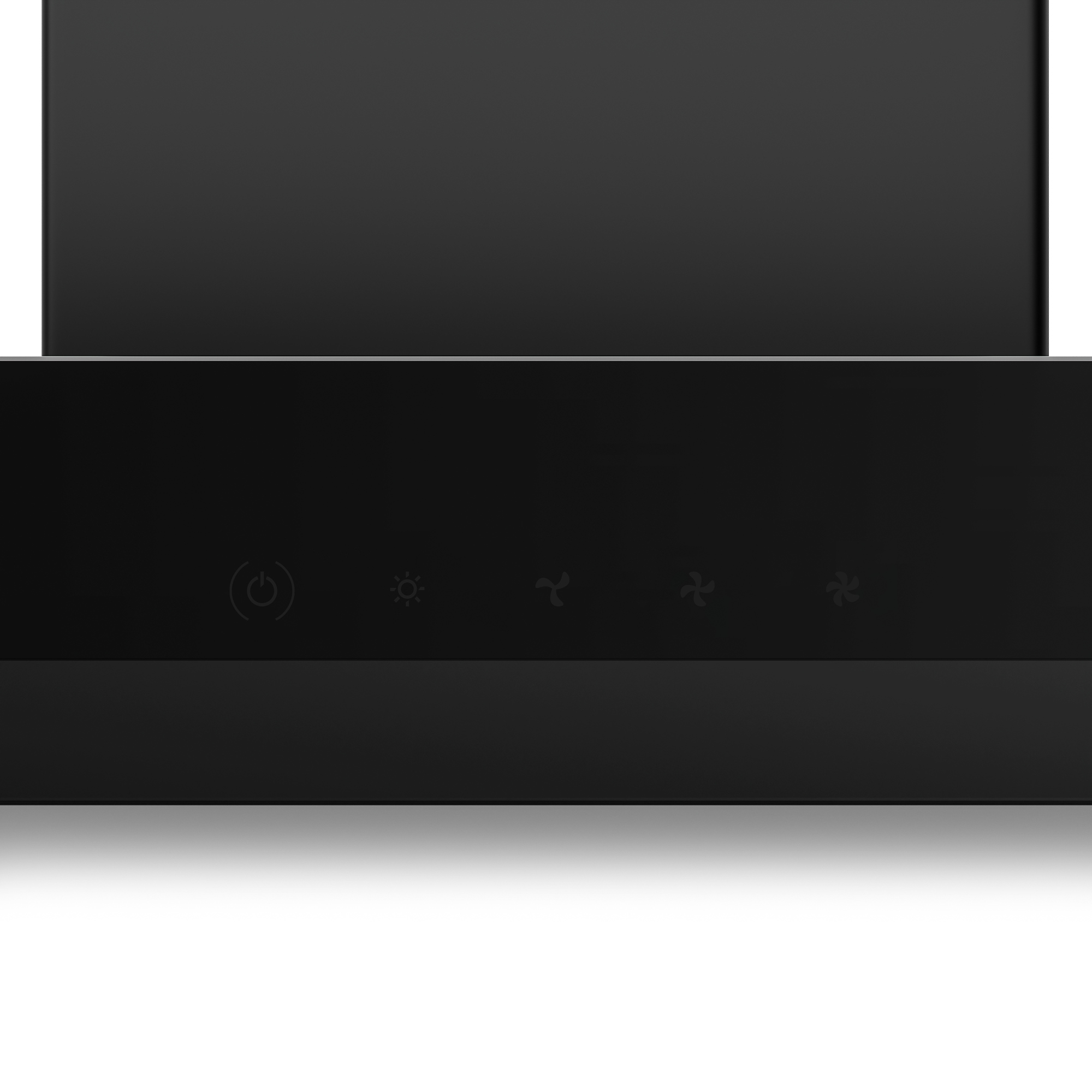 Una campana extractora negra con panel de control. Tiene iconos de encendido, luz y ventilador. El fondo es blanco.