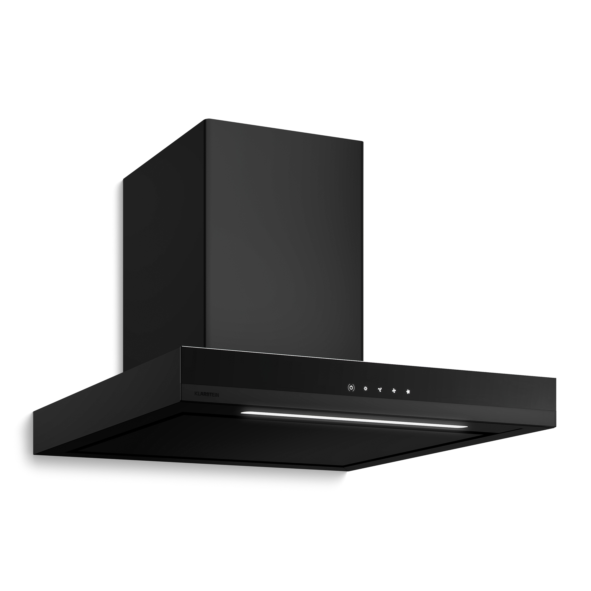 Una campana extractora negra Klarstein con controles táctiles, luz y diseño rectangular sobre fondo blanco.