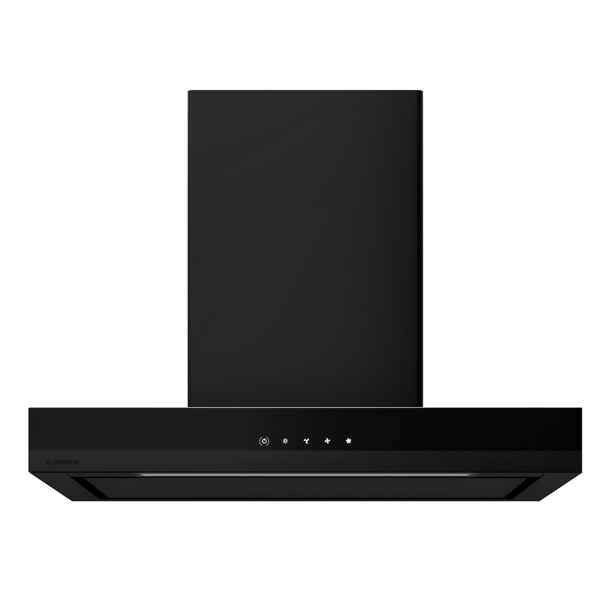 Una campana extractora Klarstein negra. Tiene un diseño rectangular con botones de control y una luz.