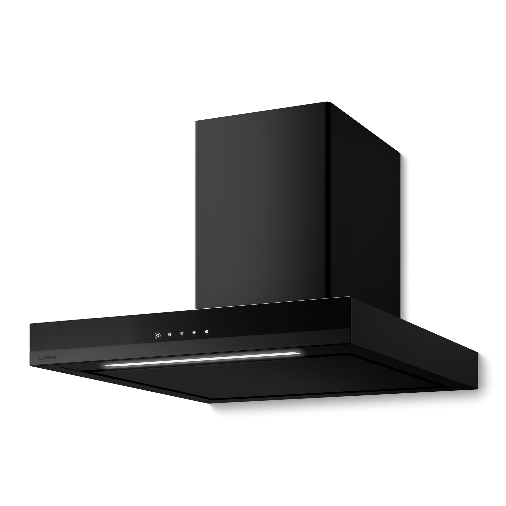 Campana extractora negra sobre fondo blanco. Tiene forma rectangular con panel de control y luz brillante.