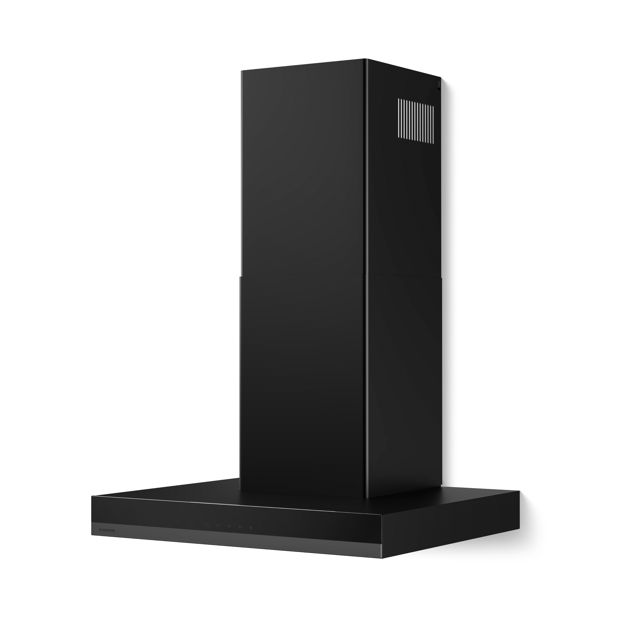 Una campana de cocina negra de diseño rectangular. Está montada en una pared blanca. La campana tiene un panel de control y una chimenea.
