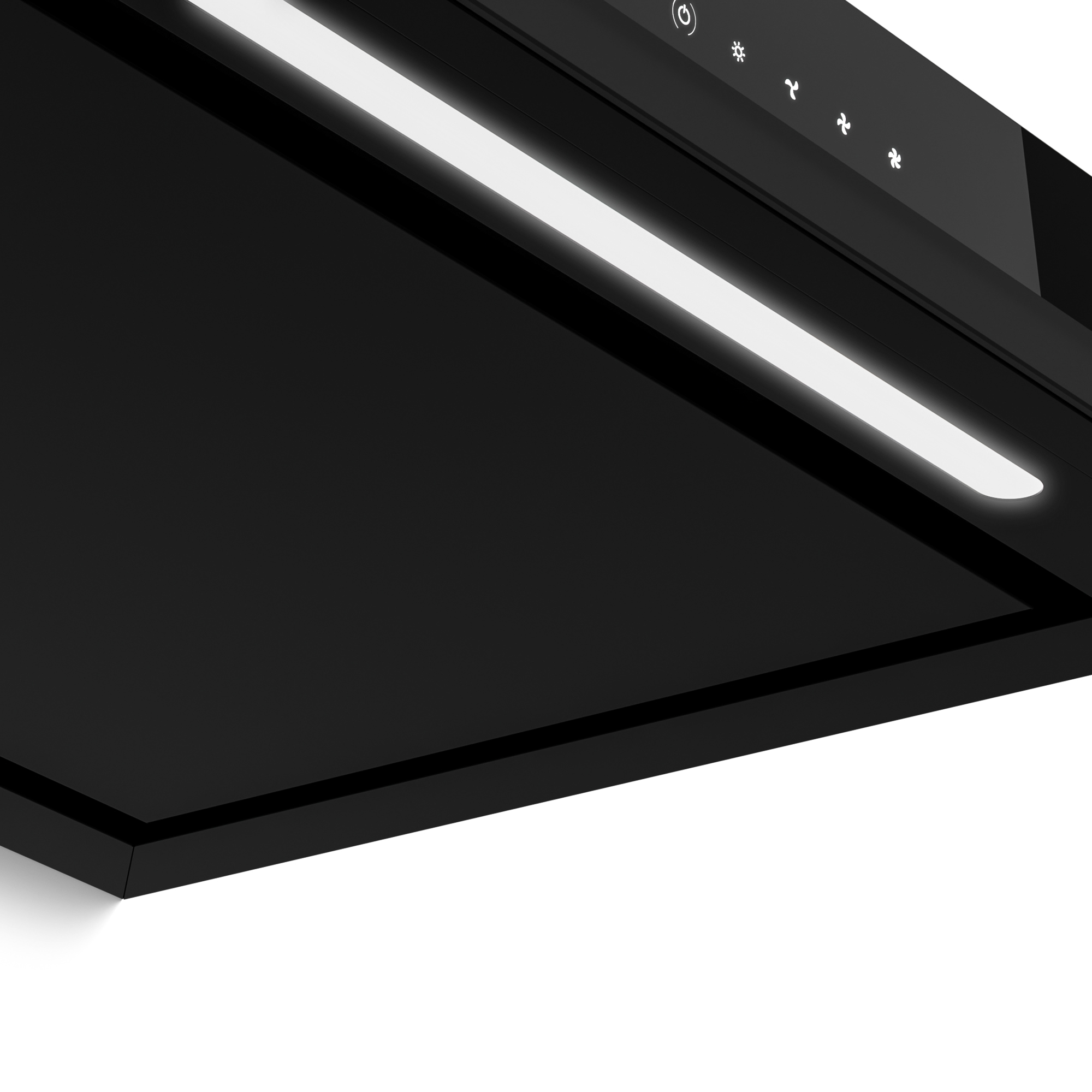 Una campana extractora negra con luz LED brillante e iconos de control se ve desde abajo contra un fondo blanco.