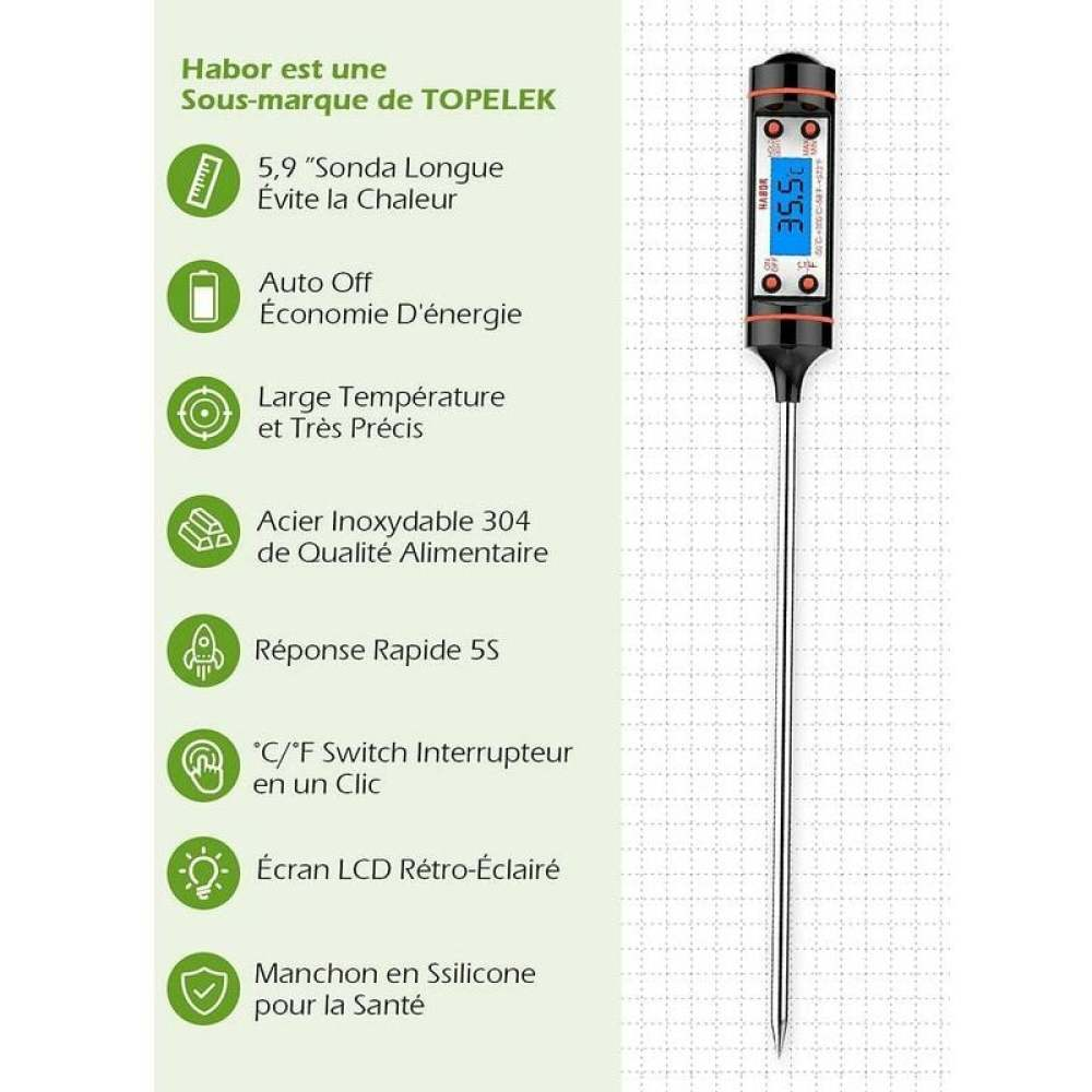 Ein digitales Lebensmitteltemperaturmessgerät mit langer Sonde. Der Bildschirm zeigt 35,5 Grad an. Text links beschreibt seine Eigenschaften.