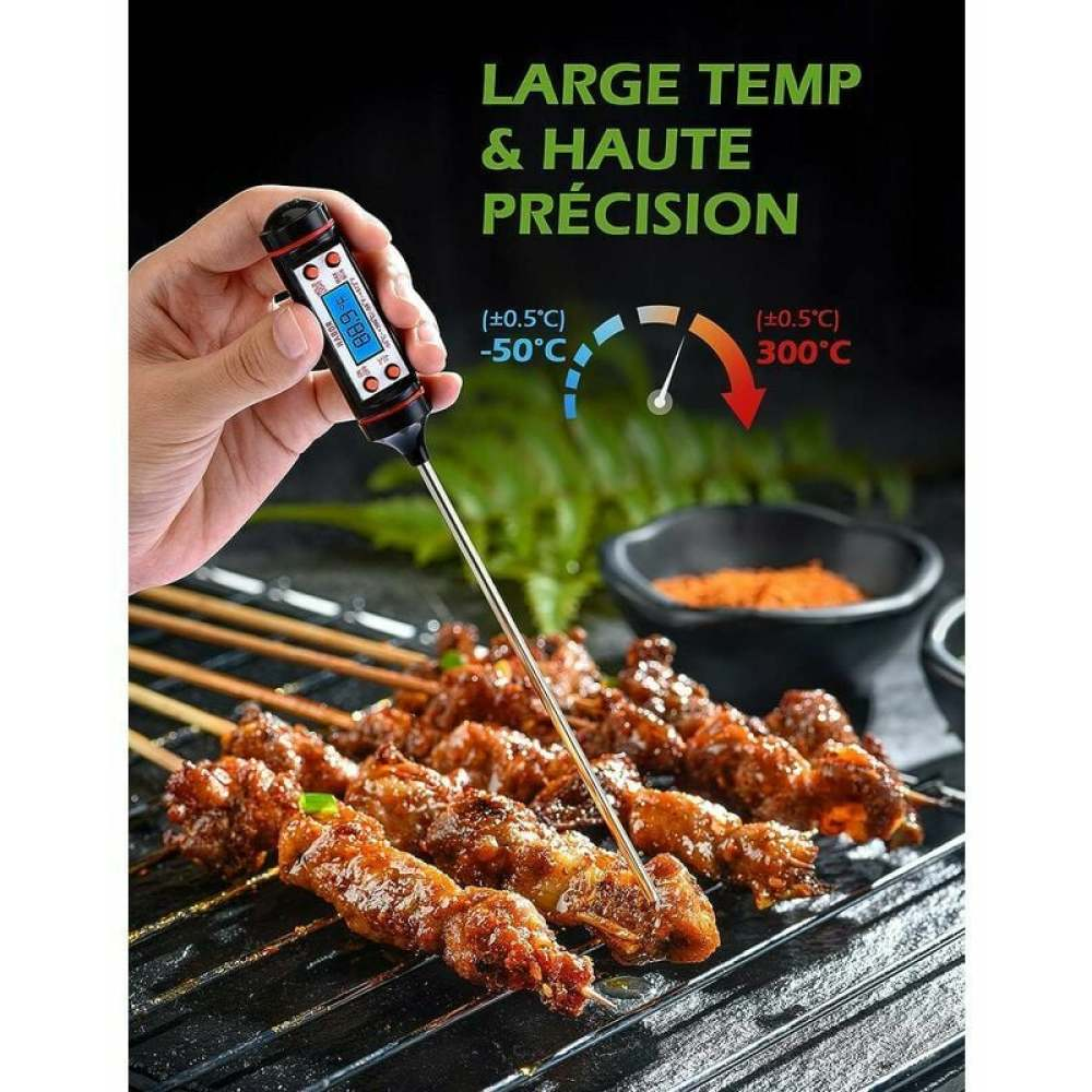 Eine Hand hält ein Thermometer, das Grillfleisch misst. Text: 'LARGE TEMP & HAUTE PRÉCISION'. Temperaturbereich: -50°C bis 300°C.