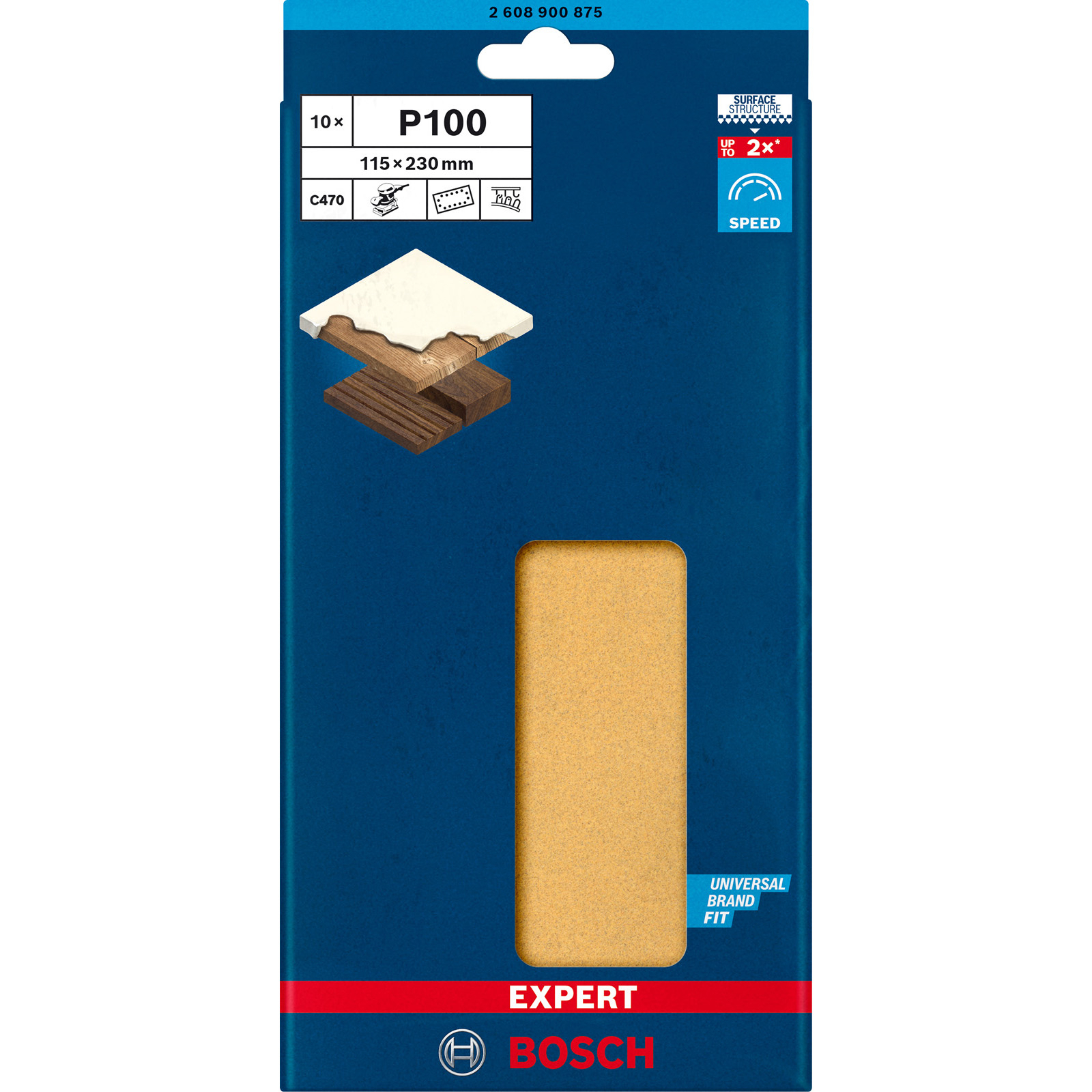 Eine Bosch-Schleifpapierpackung. Sie zeigt ein Holzbeispiel und ein Schleifpapier. Die Packung ist blau und das Blatt ist beige.