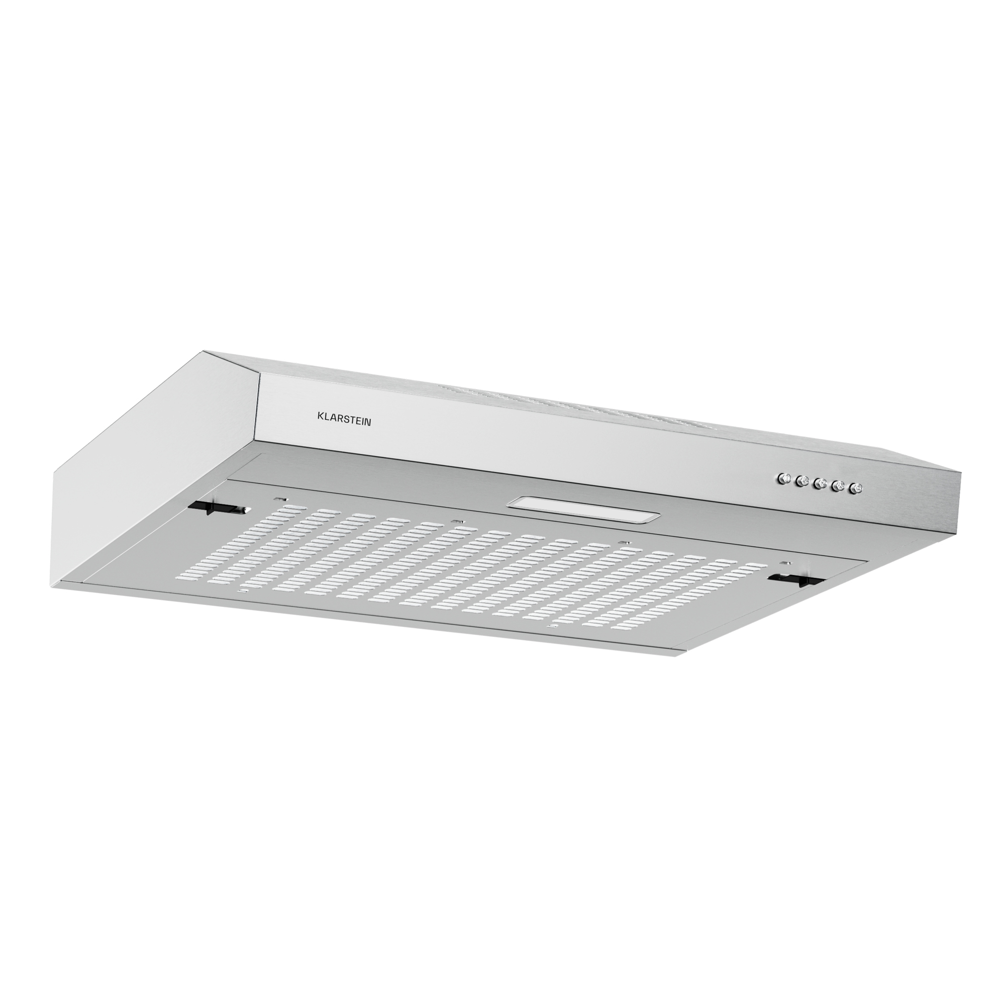 Una campana extractora Klarstein de acero inoxidable. Tiene forma rectangular con parte inferior perforada y botones de control.