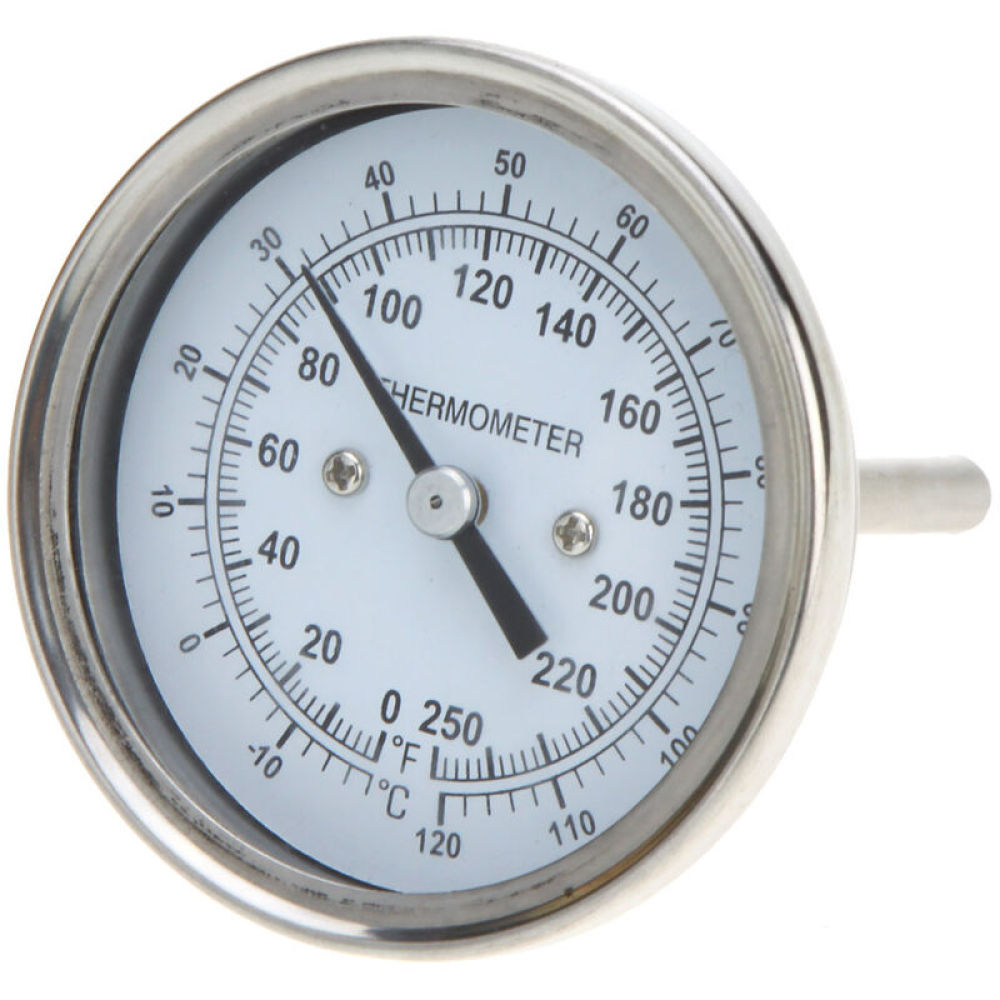 Ein rundes Thermometer mit weißem Zifferblatt, schwarzen Zahlen und einer Nadel, die auf etwa 220 Grad zeigt. Es hat einen Metallrahmen und eine Sonde.